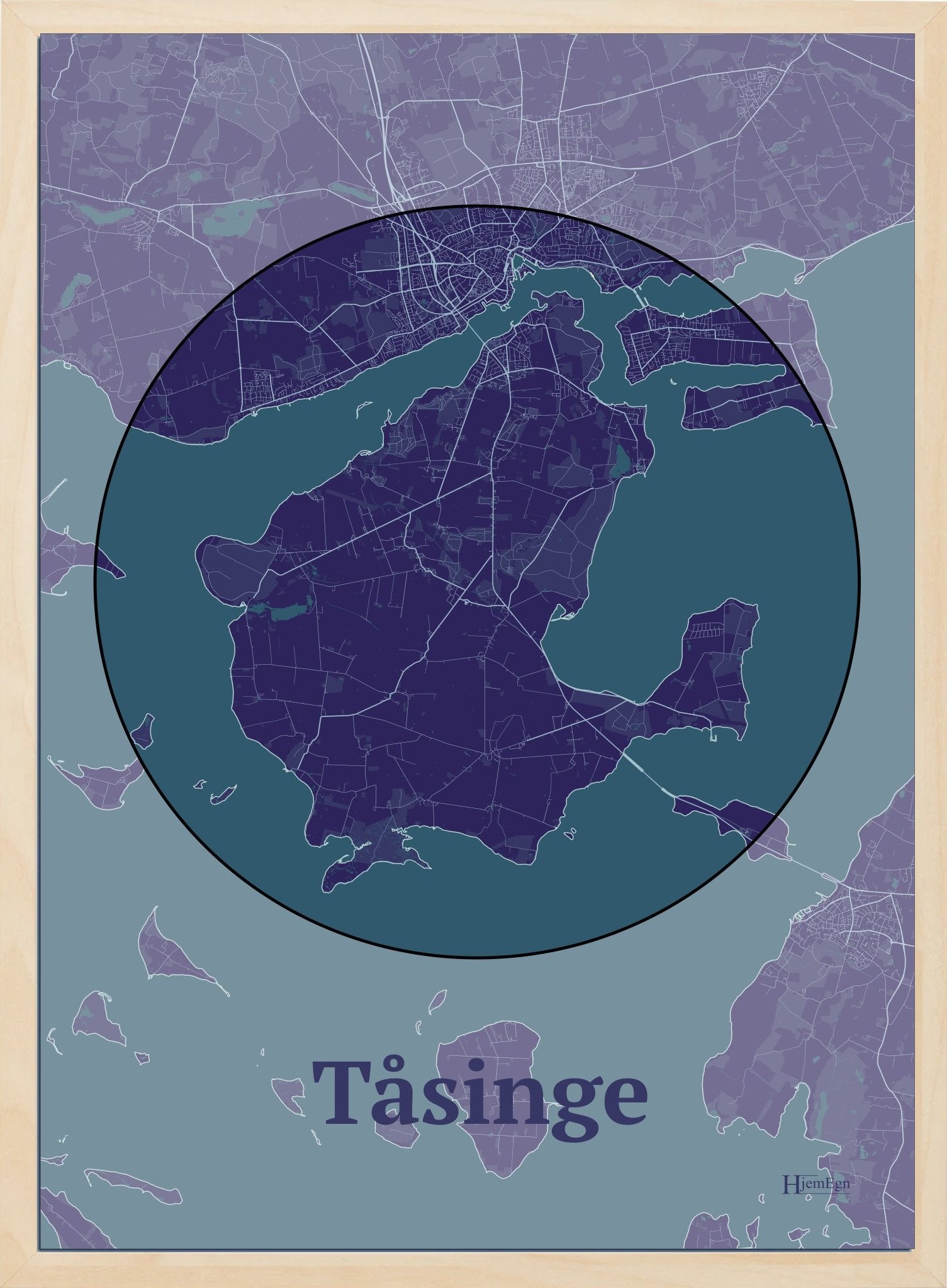 Tåsinge plakat i farve mørk lilla og HjemEgn.dk design centrum. Design ø-kort for Tåsinge