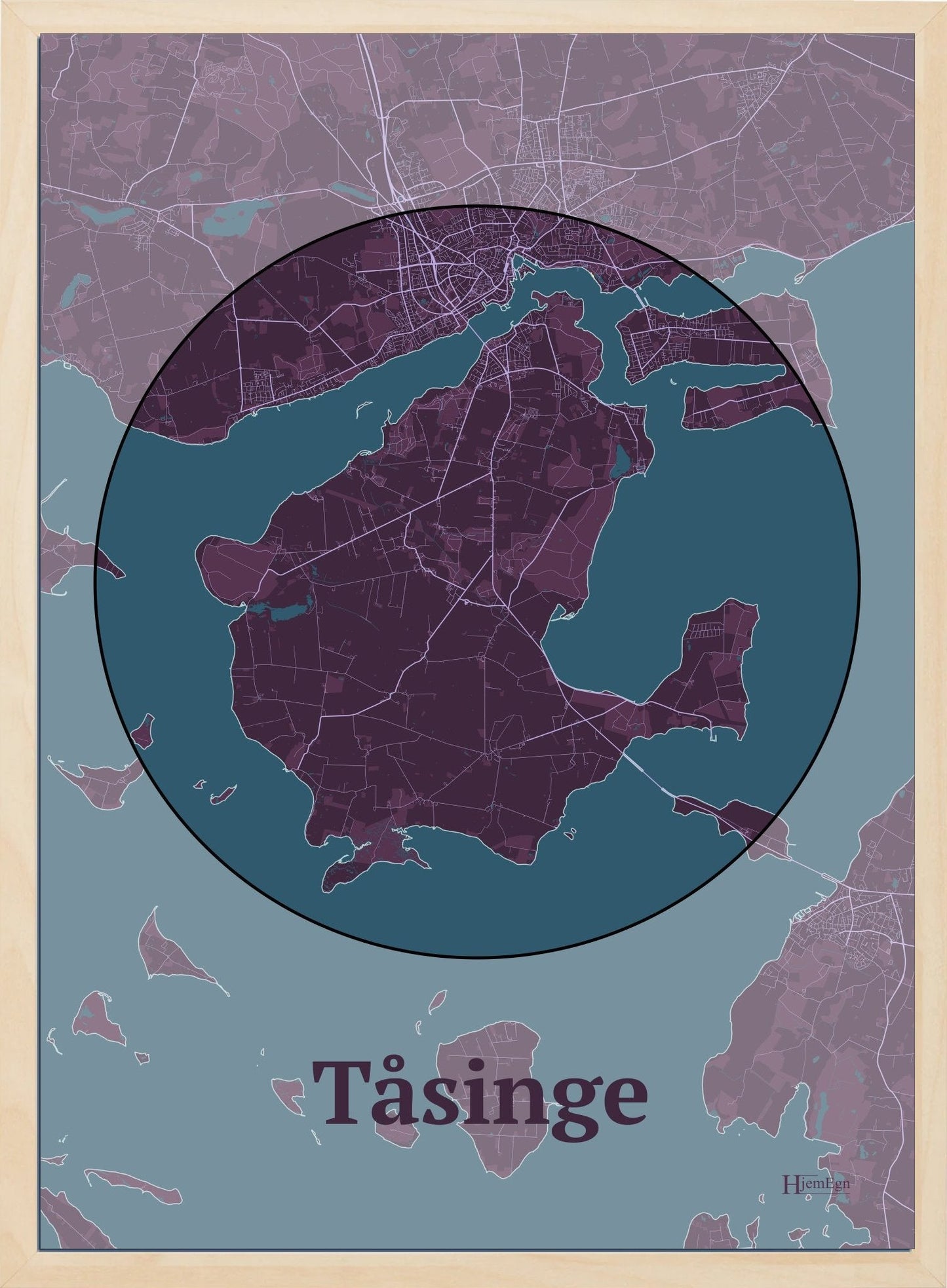 Tåsinge plakat i farve mørk rød og HjemEgn.dk design centrum. Design ø-kort for Tåsinge
