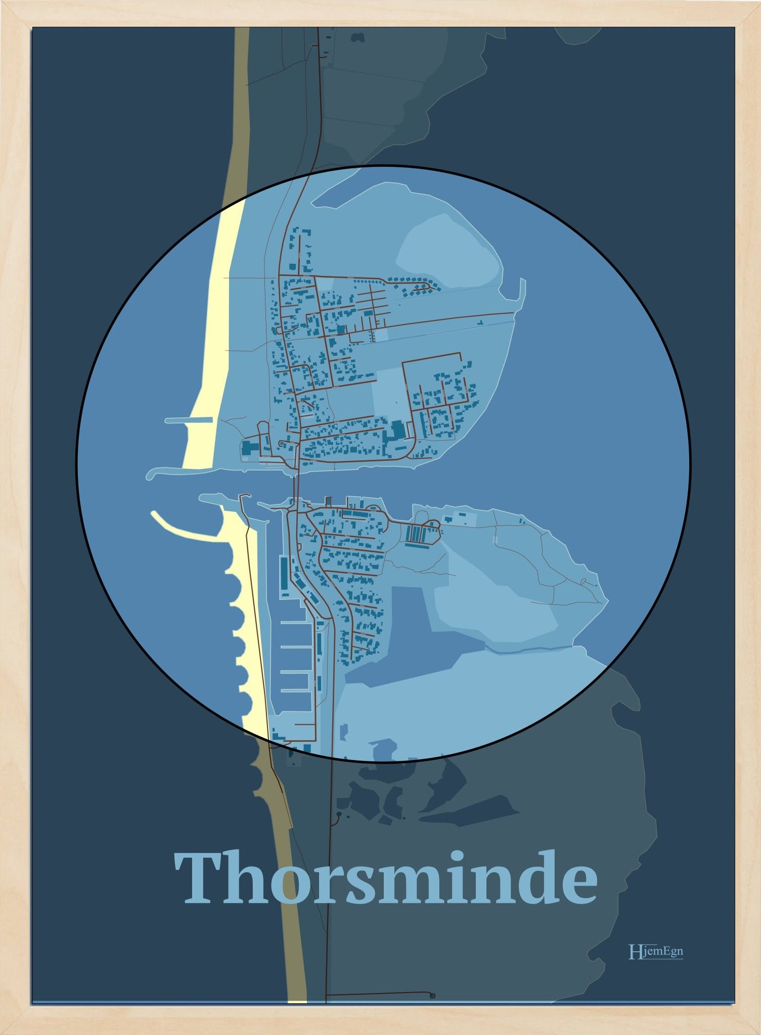 Thorsminde plakat i farve pastel blå og HjemEgn.dk design centrum. Design bykort for Thorsminde