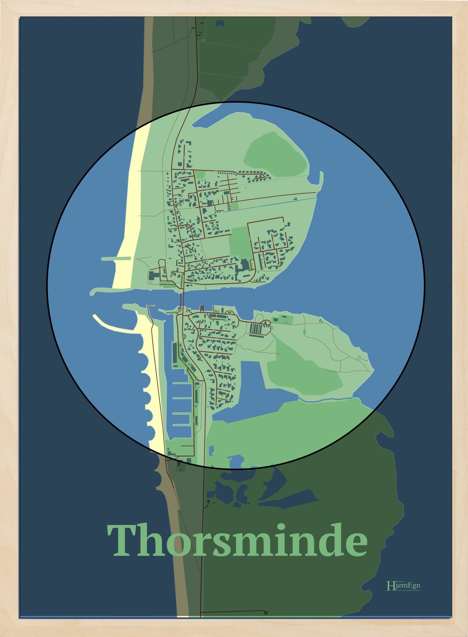 Thorsminde plakat i farve pastel grøn og HjemEgn.dk design centrum. Design bykort for Thorsminde