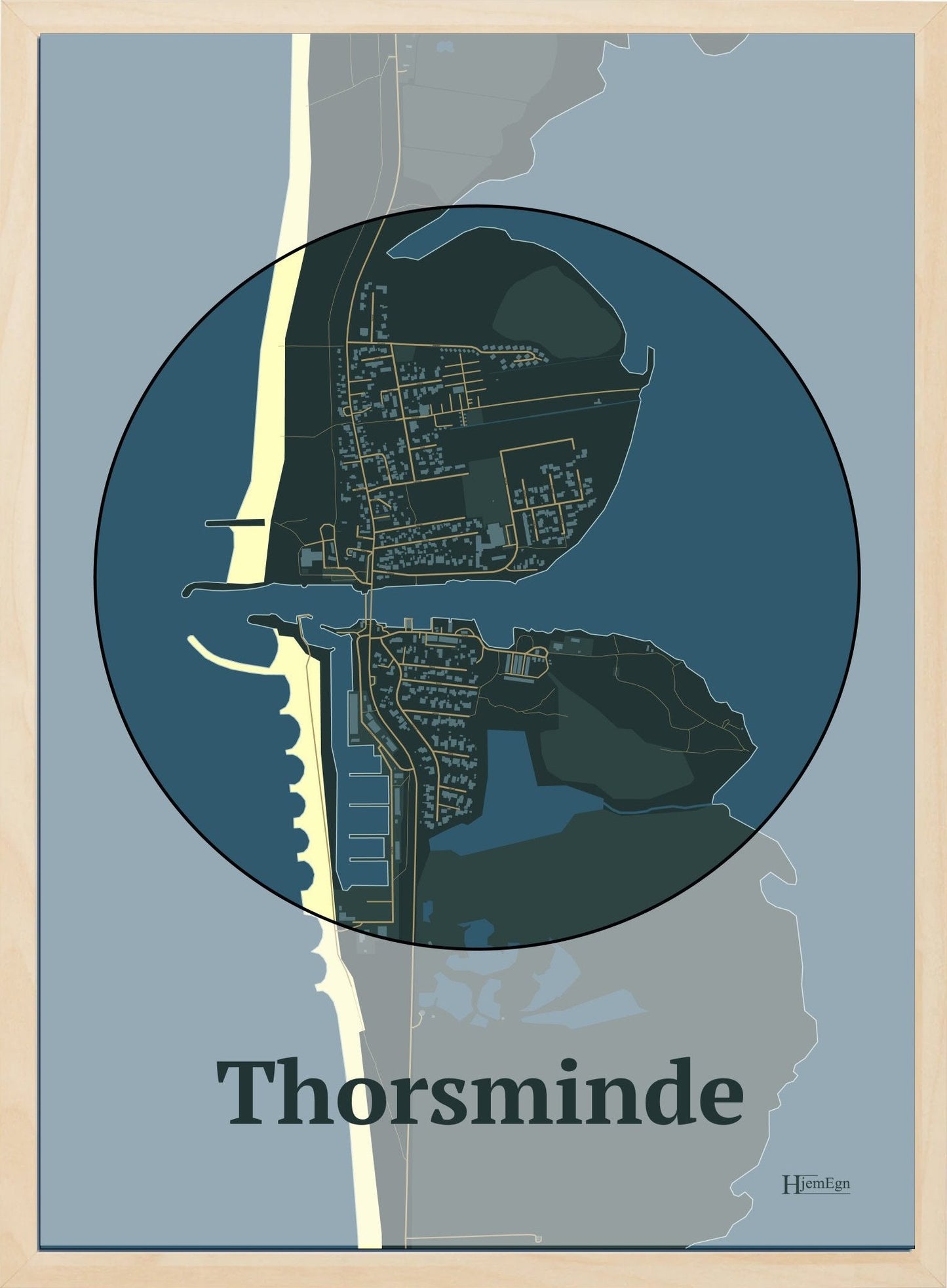 Thorsminde plakat i farve mørk grøn og HjemEgn.dk design centrum. Design bykort for Thorsminde