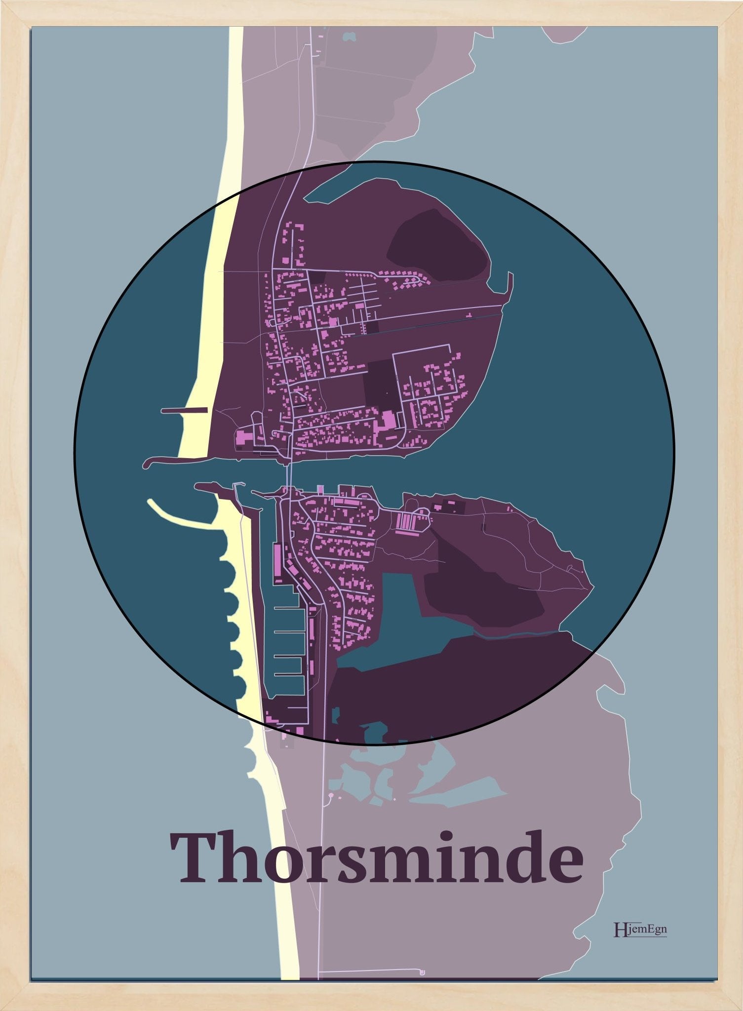 Thorsminde plakat i farve  og HjemEgn.dk design centrum. Design bykort for Thorsminde