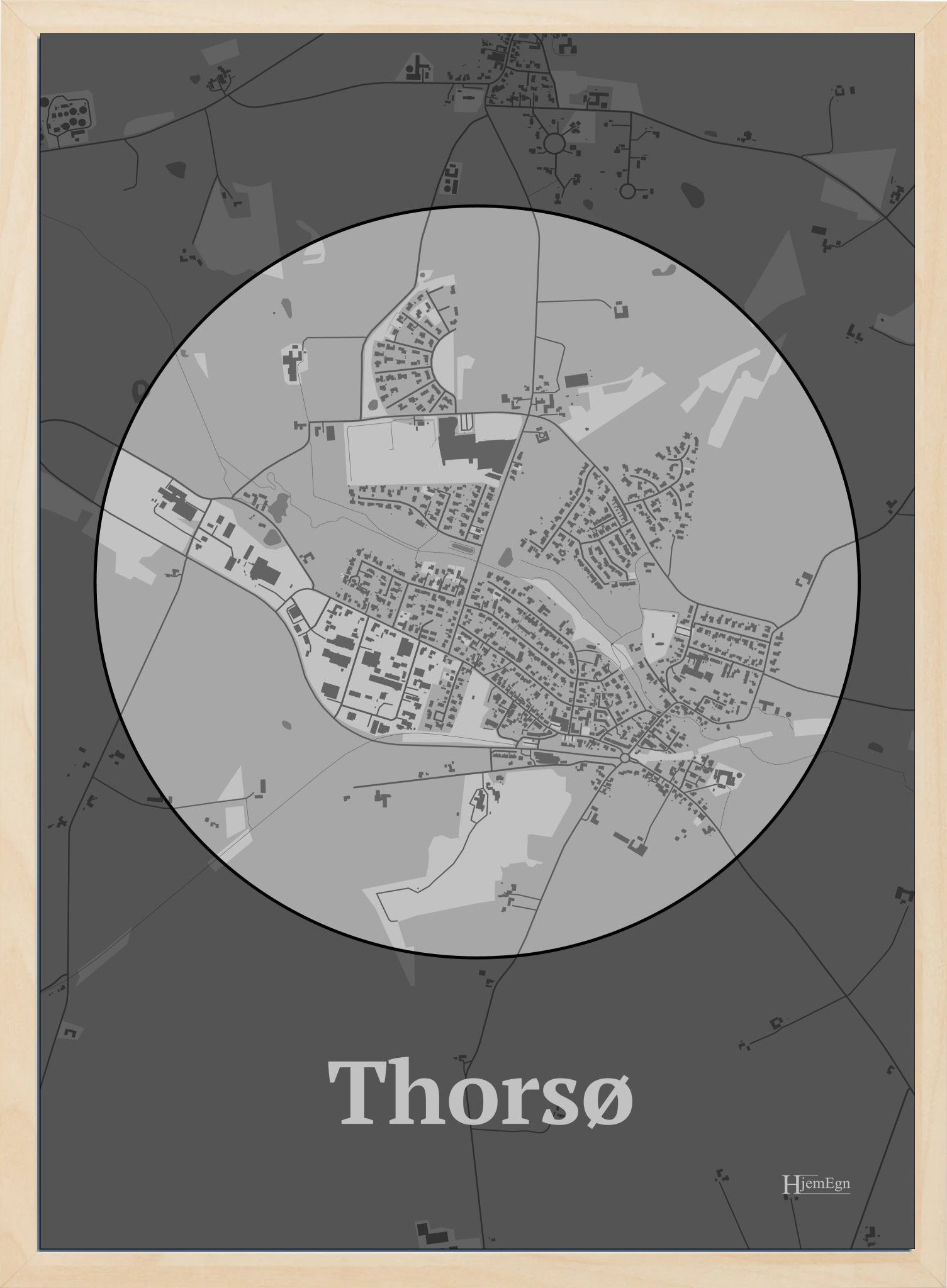 Thorsø plakat i farve pastel grå og HjemEgn.dk design centrum. Design bykort for Thorsø