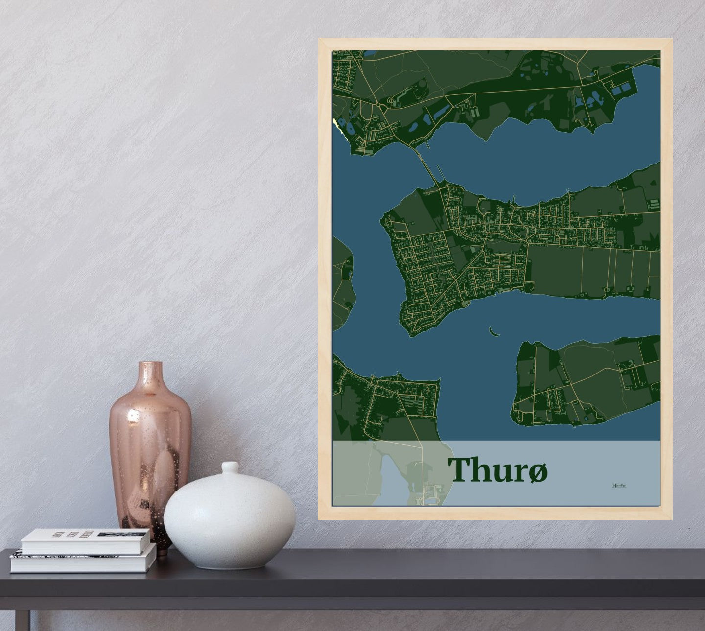 Thurø plakat i farve  og HjemEgn.dk design firkantet. Design bykort for Thurø