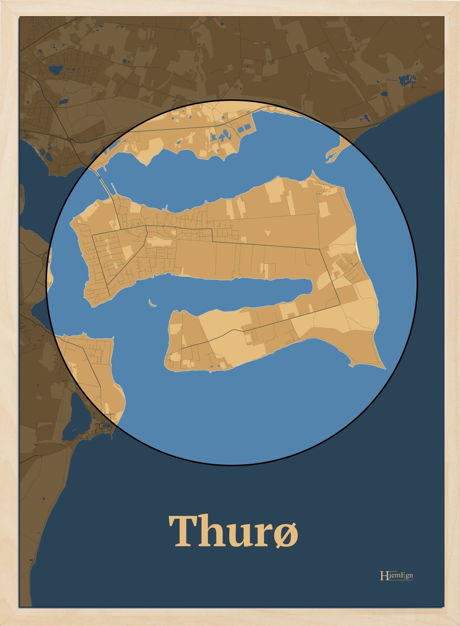 Thurø plakat i farve pastel brun og HjemEgn.dk design centrum. Design ø-kort for Thurø