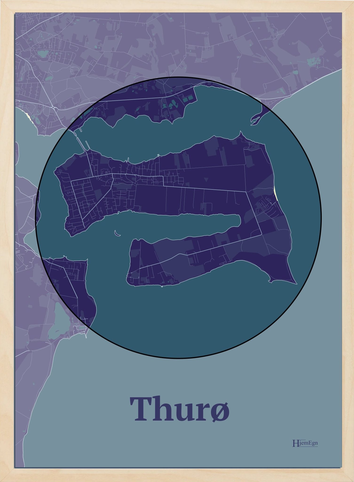 Thurø plakat i farve mørk lilla og HjemEgn.dk design centrum. Design ø-kort for Thurø