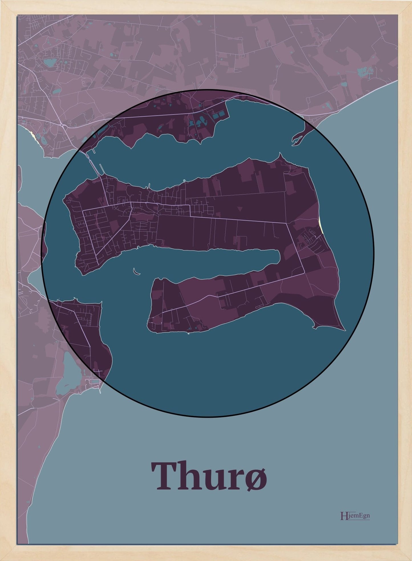 Thurø plakat i farve mørk rød og HjemEgn.dk design centrum. Design ø-kort for Thurø