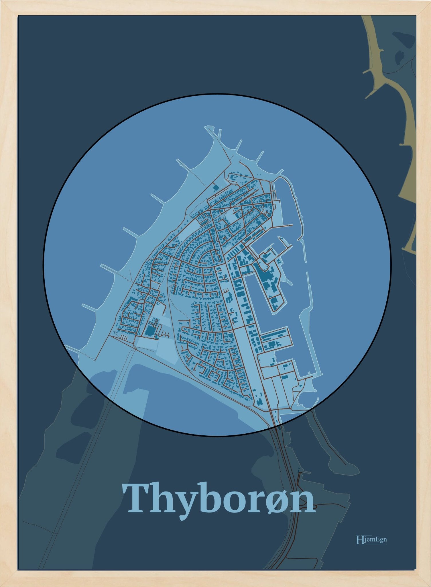 Thyborøn plakat i farve pastel blå og HjemEgn.dk design centrum. Design bykort for Thyborøn