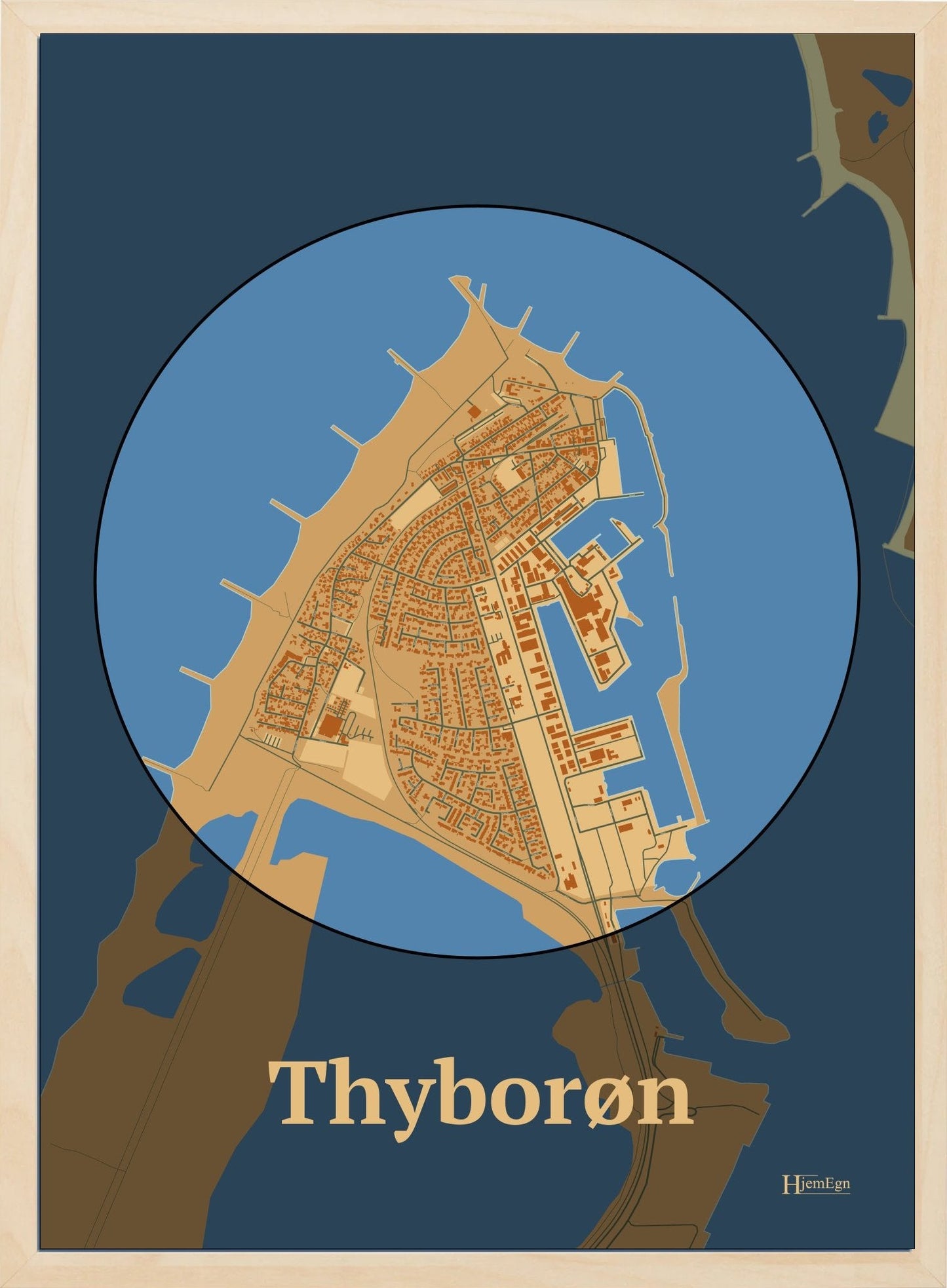 Thyborøn plakat i farve pastel brun og HjemEgn.dk design centrum. Design bykort for Thyborøn