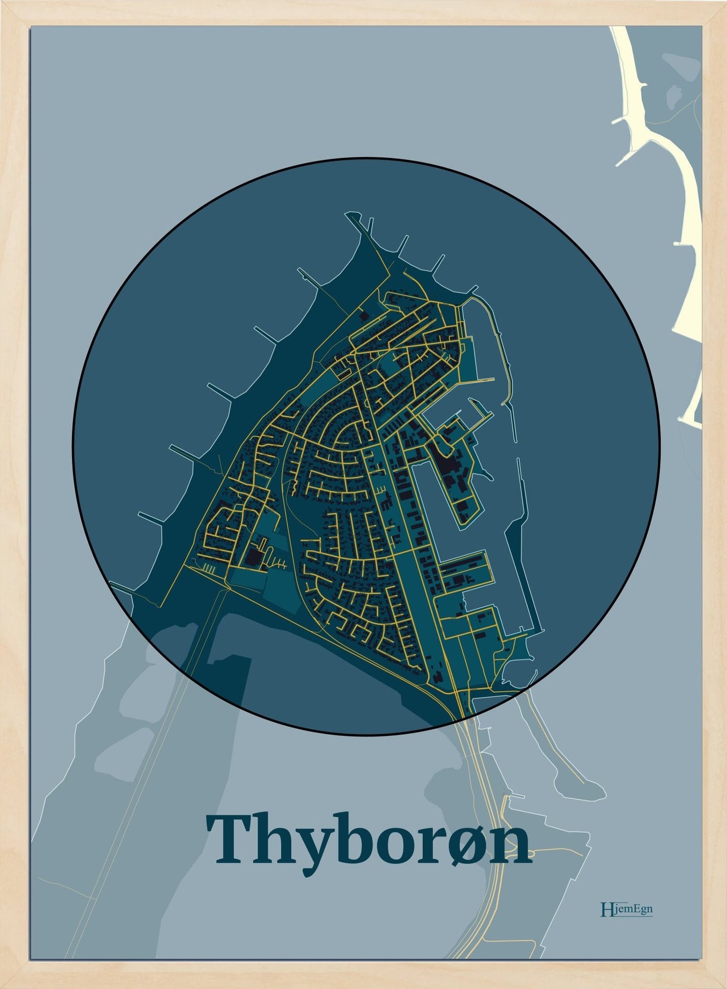 Thyborøn plakat i farve mørk blå og HjemEgn.dk design centrum. Design bykort for Thyborøn