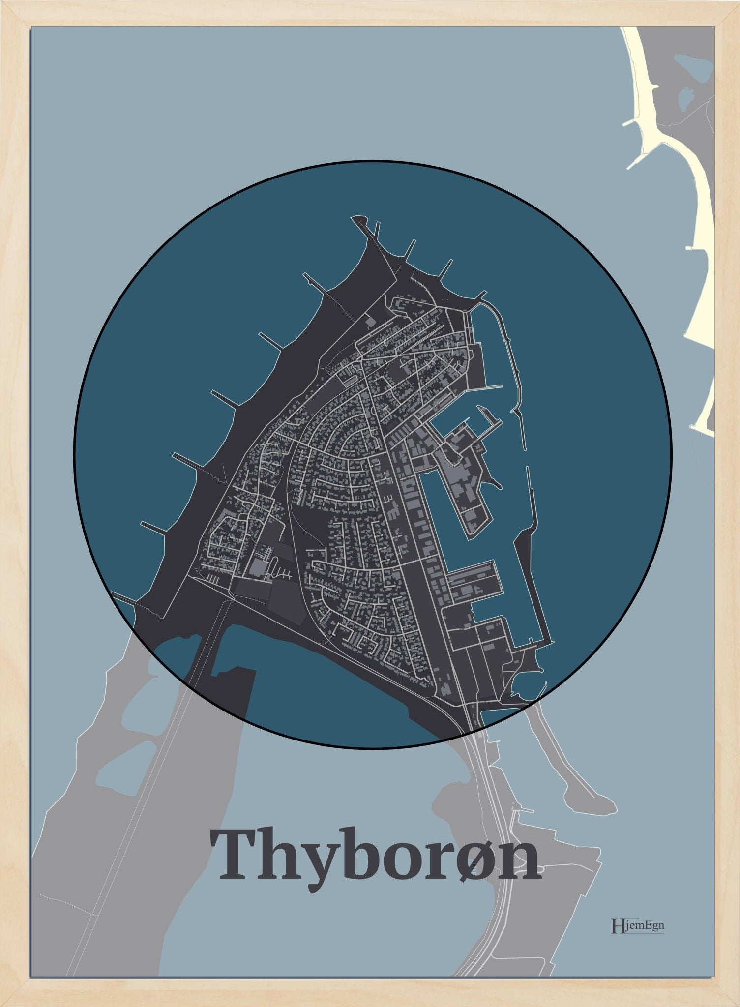 Thyborøn plakat i farve mørk brun og HjemEgn.dk design centrum. Design bykort for Thyborøn