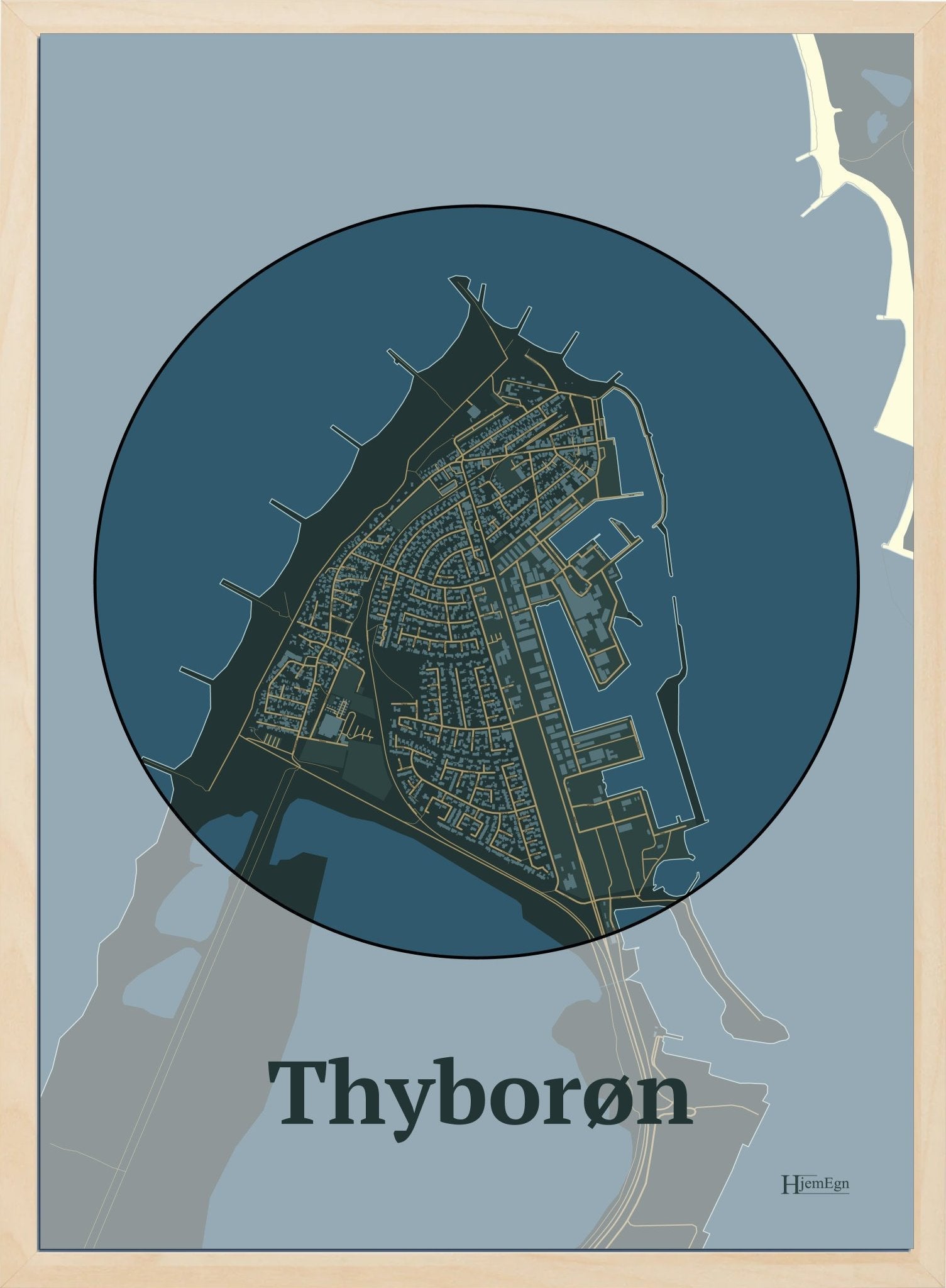Thyborøn plakat i farve mørk grøn og HjemEgn.dk design centrum. Design bykort for Thyborøn