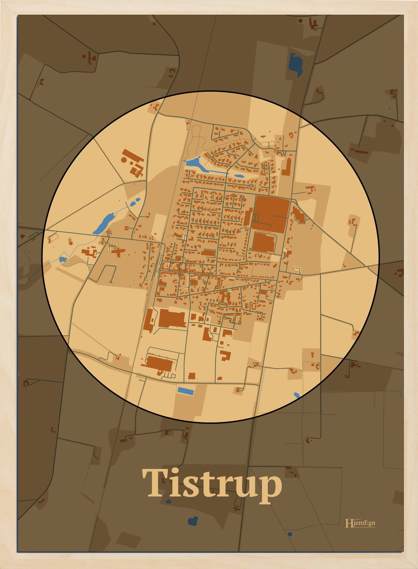 Tistrup plakat i farve pastel brun og HjemEgn.dk design centrum. Design bykort for Tistrup