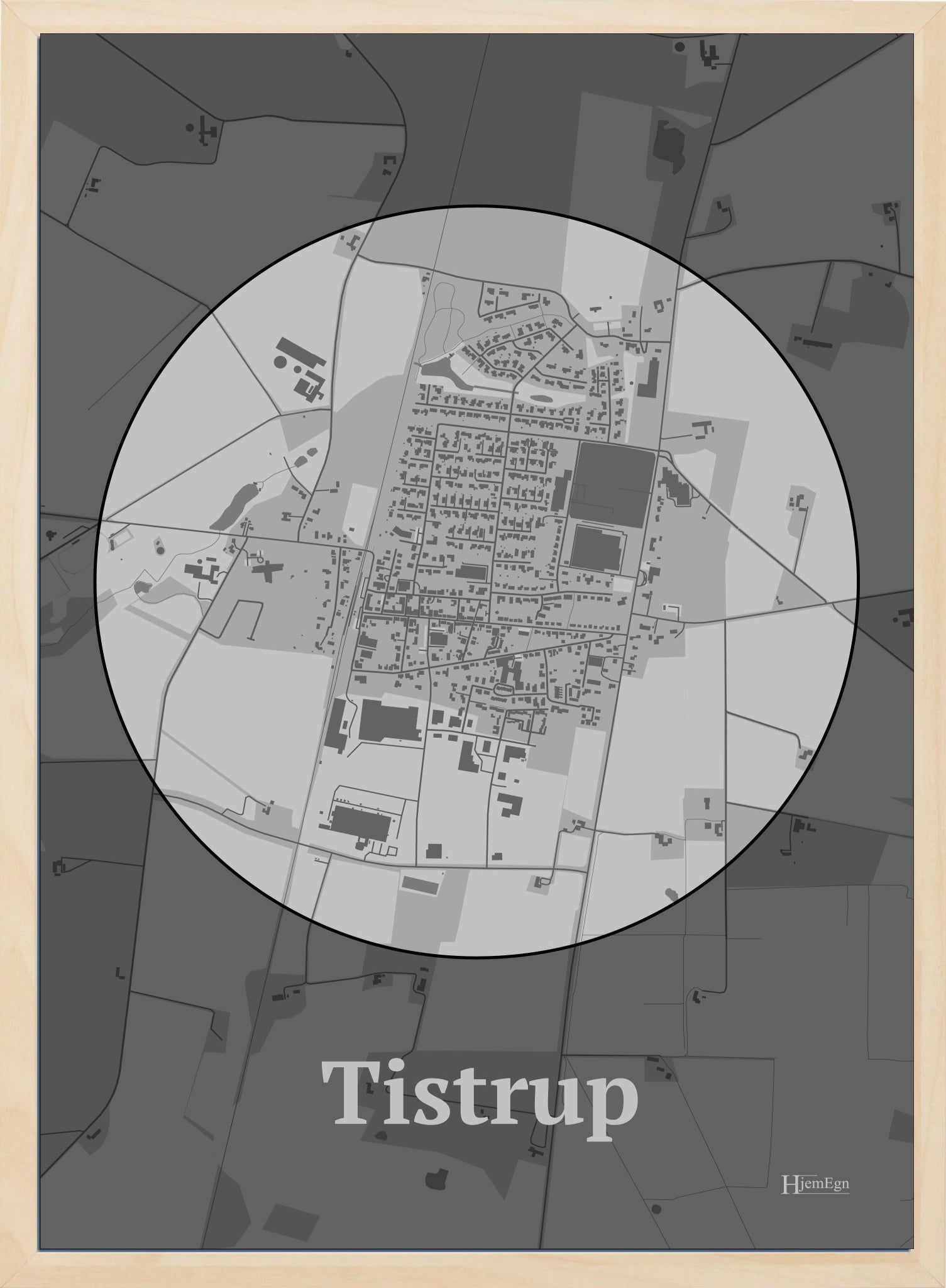 Tistrup plakat i farve pastel grå og HjemEgn.dk design centrum. Design bykort for Tistrup