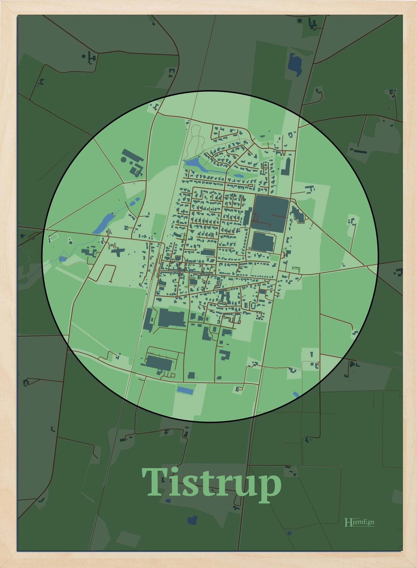 Tistrup plakat i farve pastel grøn og HjemEgn.dk design centrum. Design bykort for Tistrup