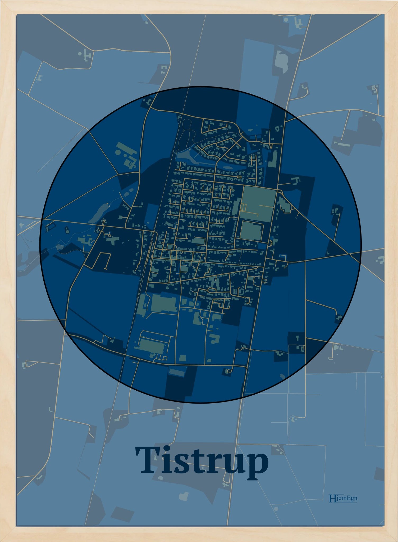 Tistrup plakat i farve mørk blå og HjemEgn.dk design centrum. Design bykort for Tistrup