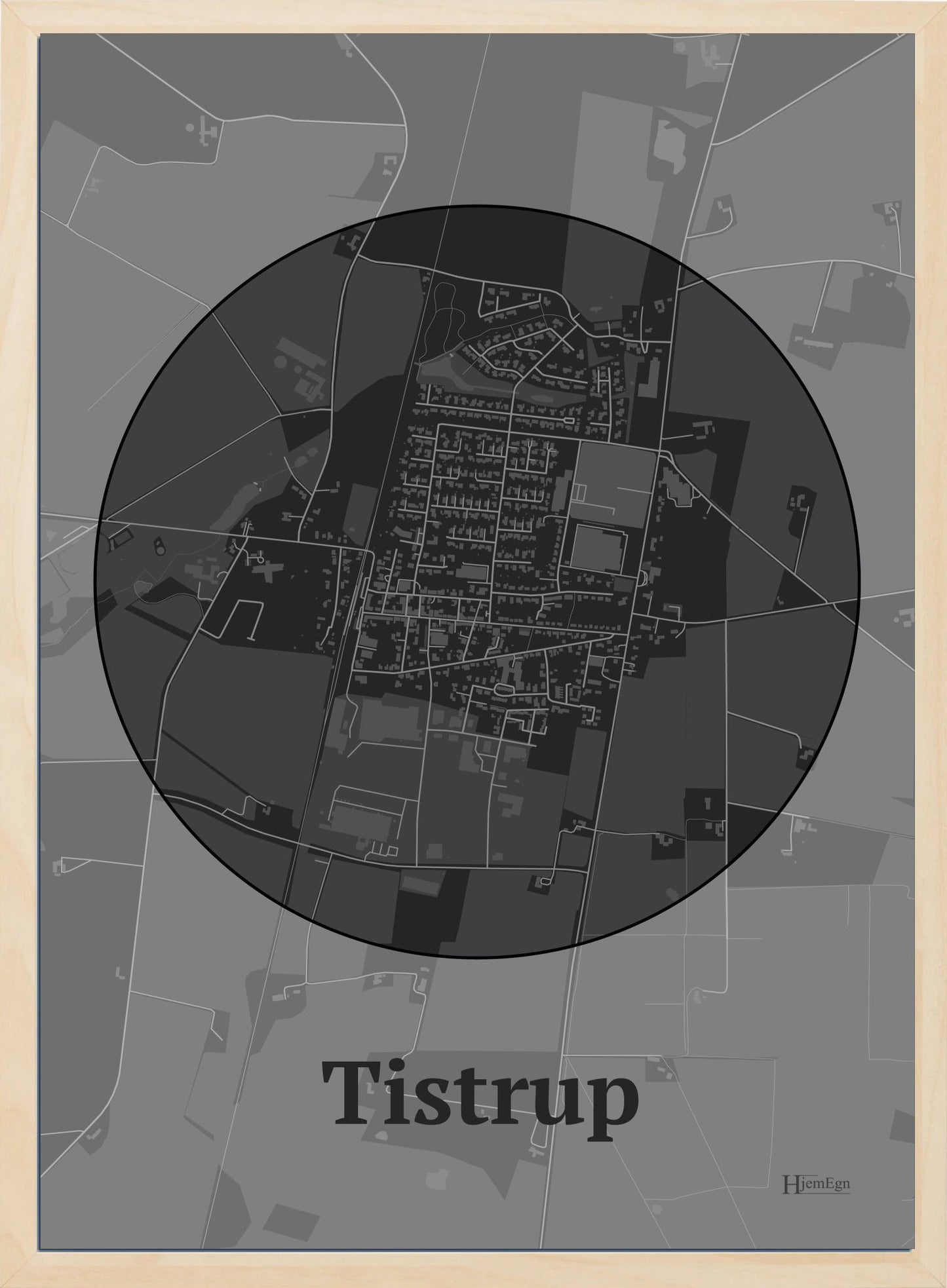 Tistrup plakat i farve mørk grå og HjemEgn.dk design centrum. Design bykort for Tistrup