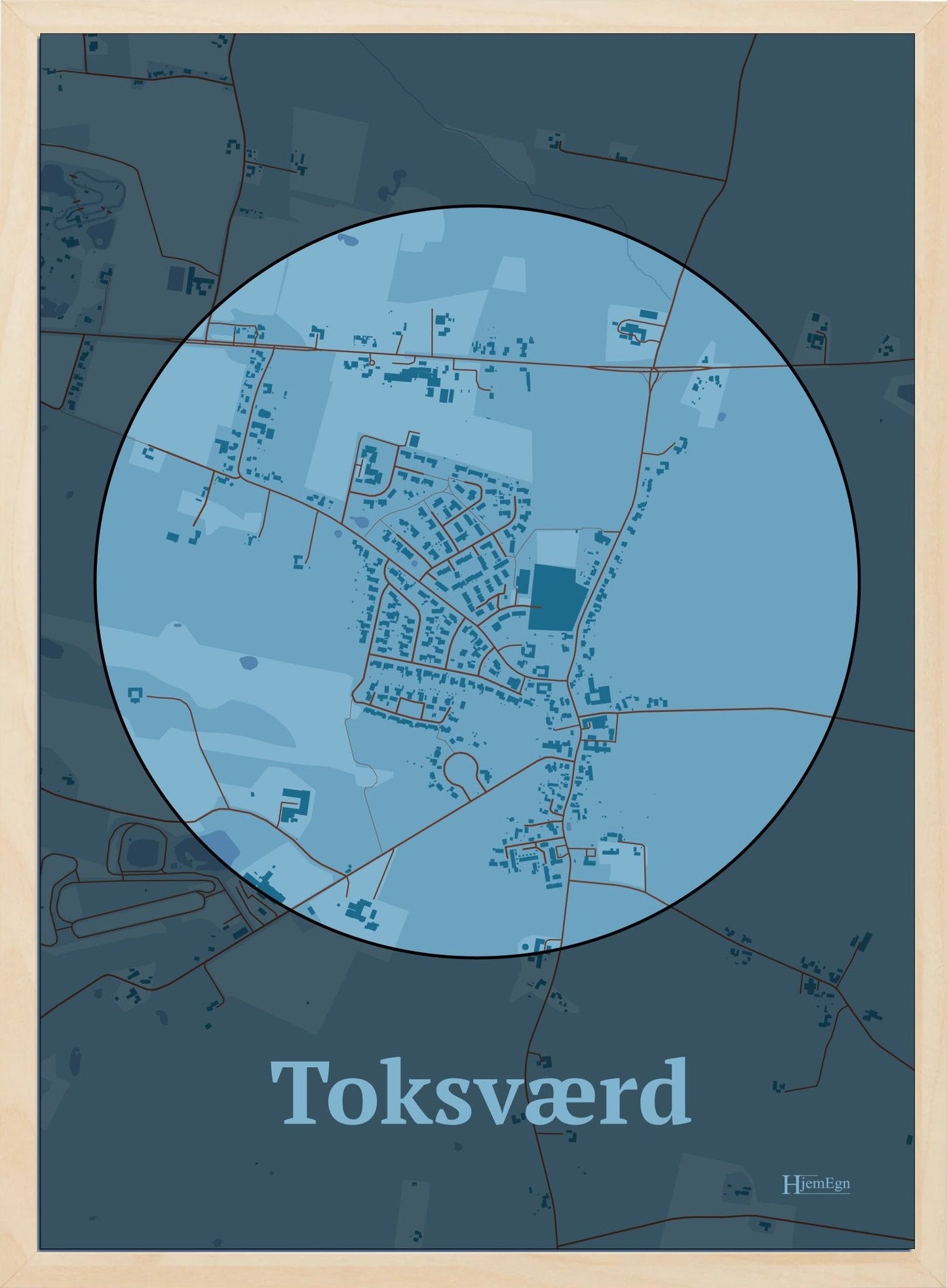 Toksværd plakat i farve pastel blå og HjemEgn.dk design centrum. Design bykort for Toksværd