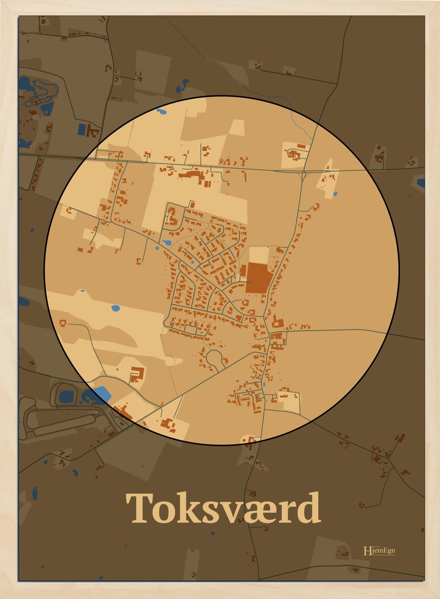 Toksværd plakat i farve pastel brun og HjemEgn.dk design centrum. Design bykort for Toksværd
