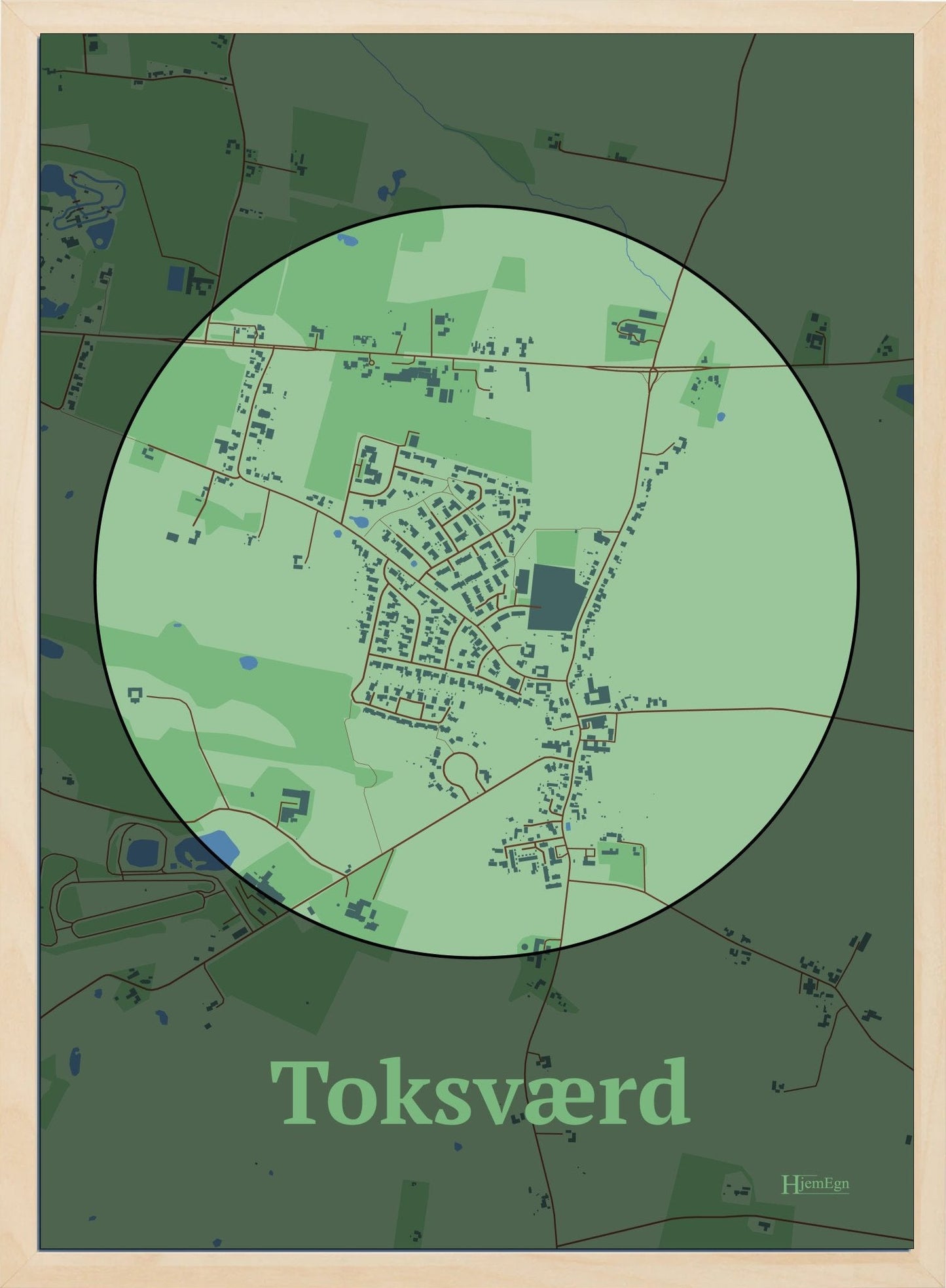 Toksværd plakat i farve pastel grøn og HjemEgn.dk design centrum. Design bykort for Toksværd