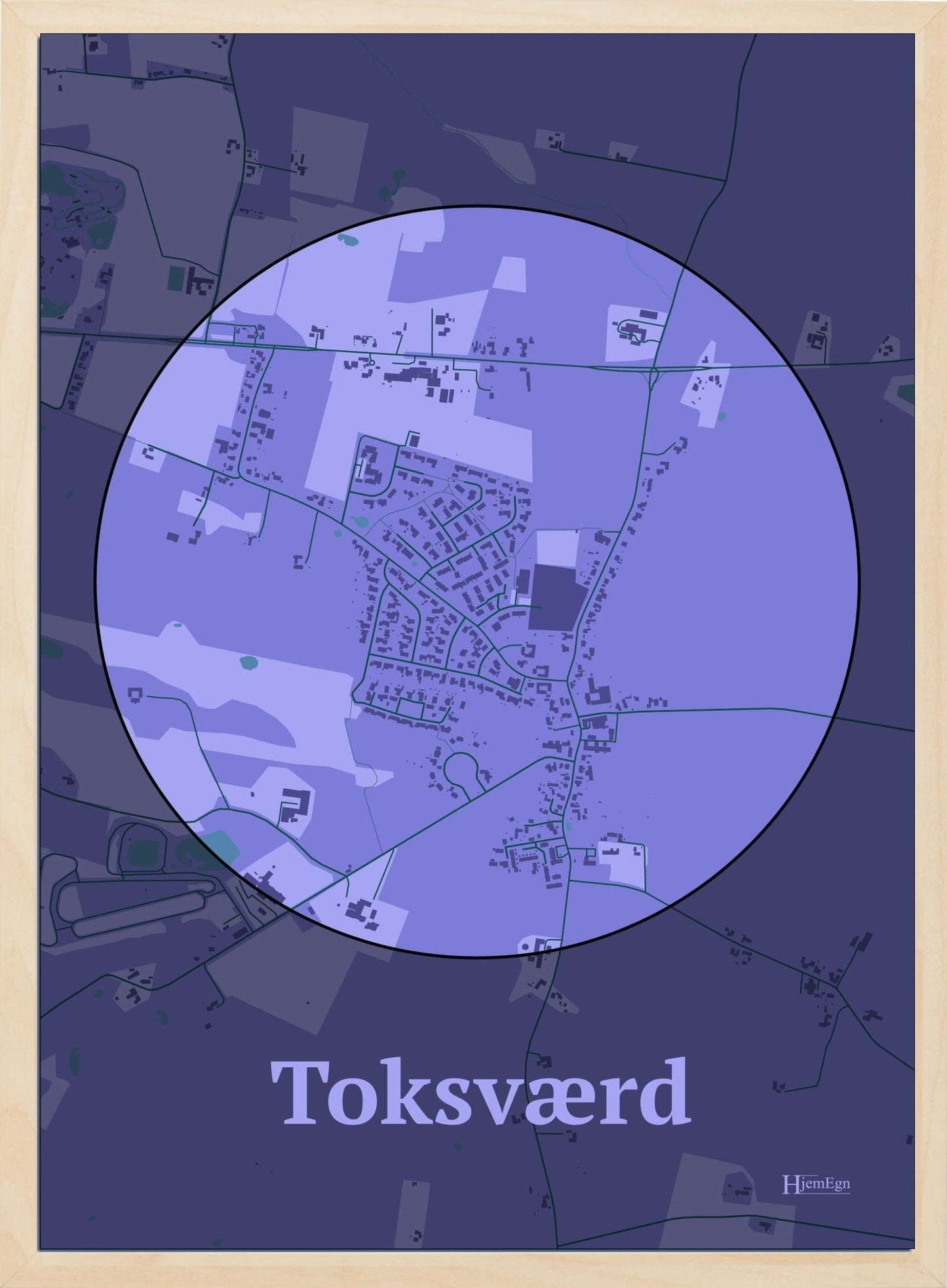 Toksværd plakat i farve pastel lilla og HjemEgn.dk design centrum. Design bykort for Toksværd