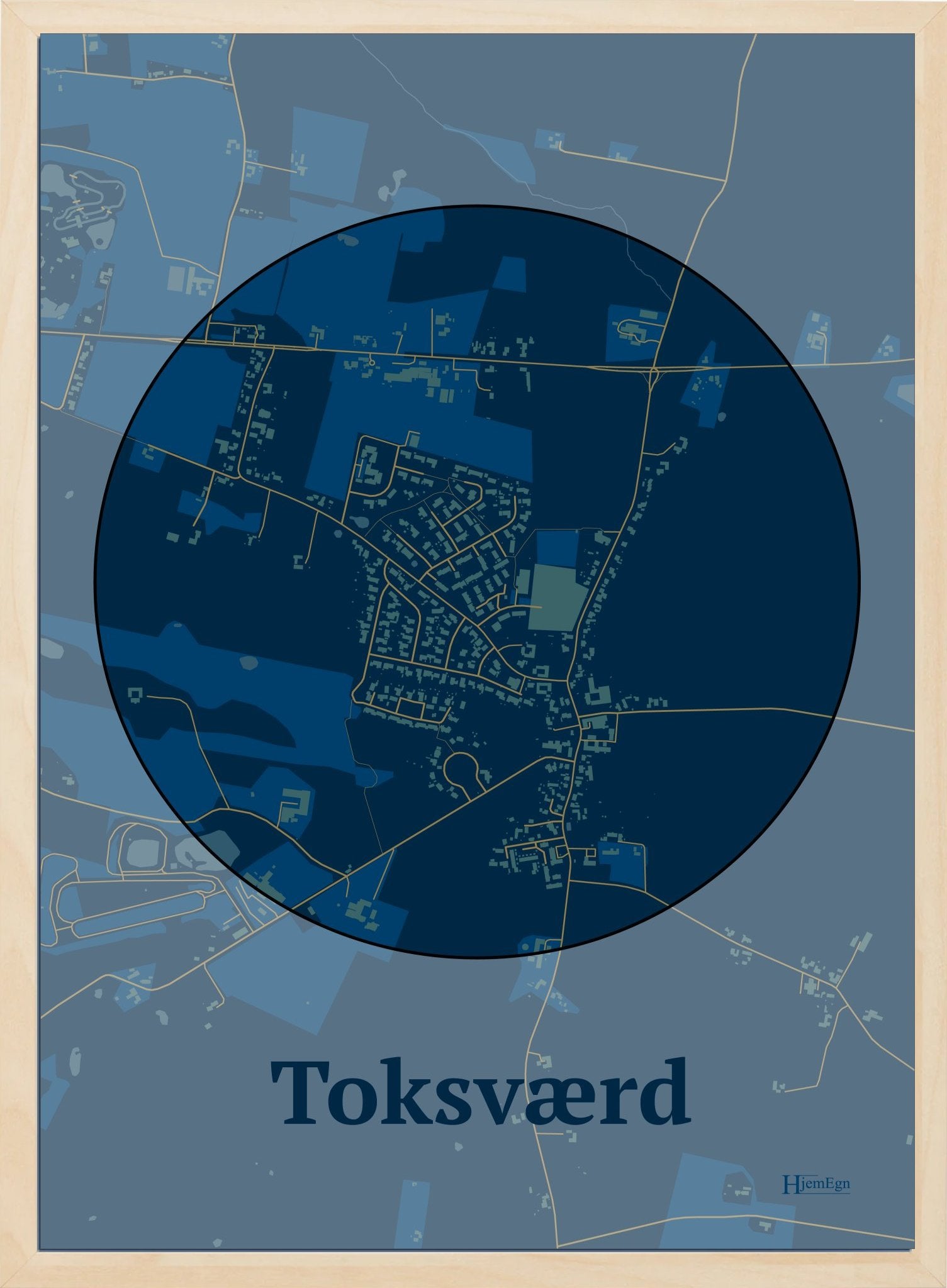 Toksværd plakat i farve mørk blå og HjemEgn.dk design centrum. Design bykort for Toksværd