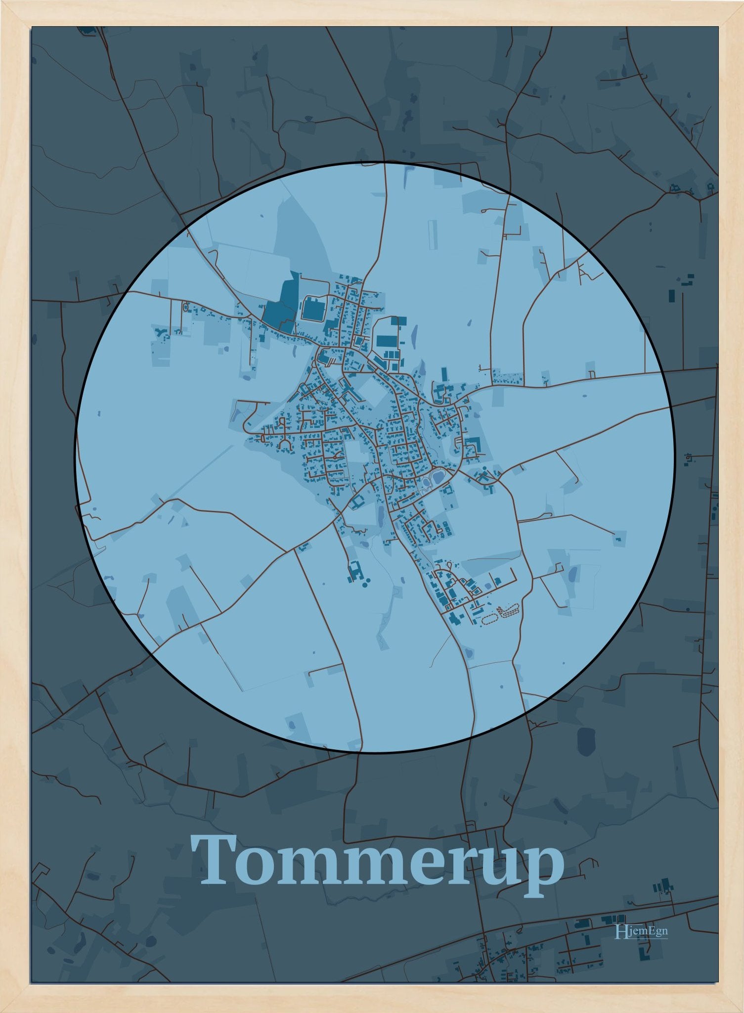 Tommerup plakat i farve pastel blå og HjemEgn.dk design centrum. Design bykort for Tommerup