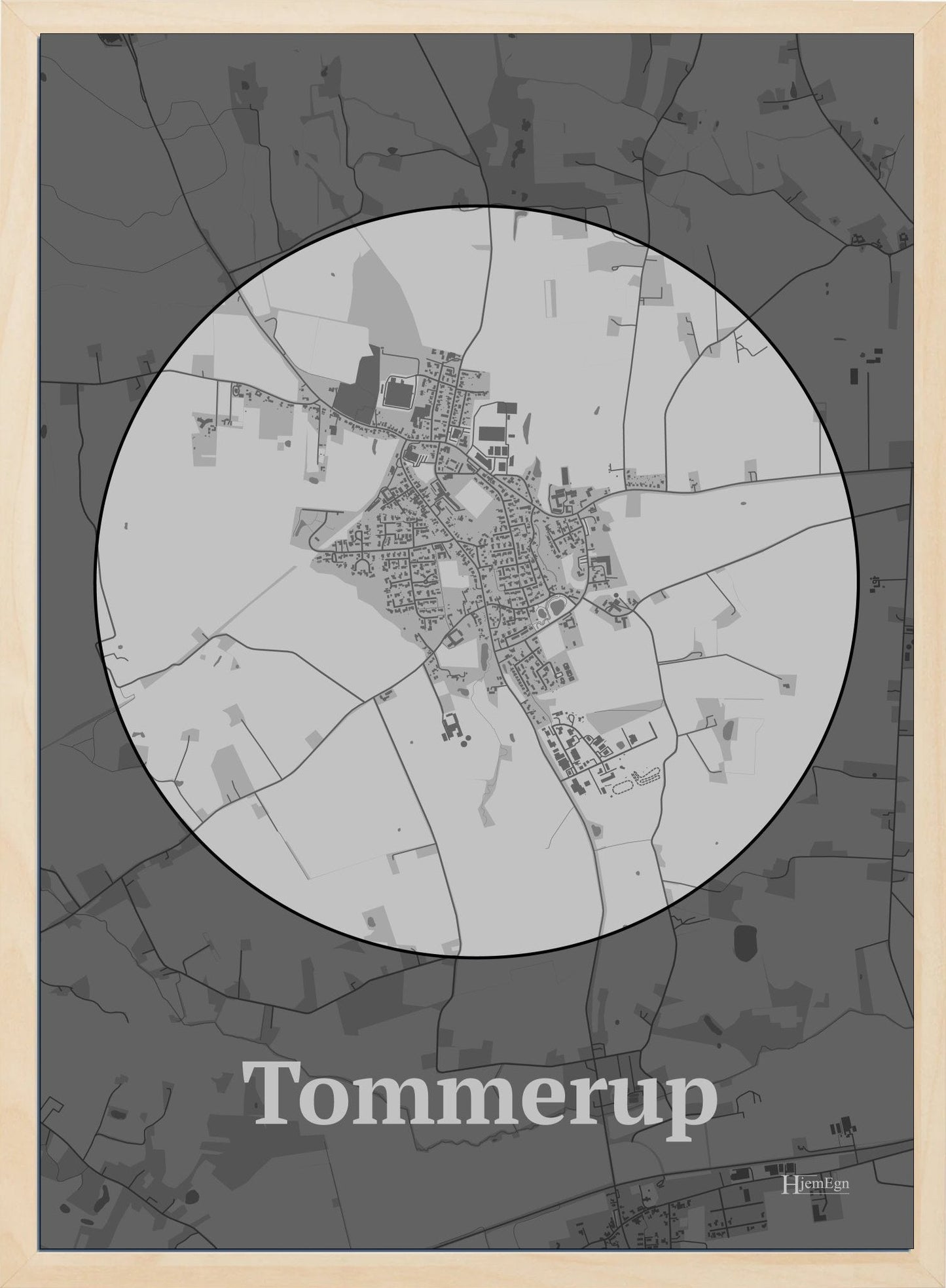 Tommerup plakat i farve pastel grå og HjemEgn.dk design centrum. Design bykort for Tommerup