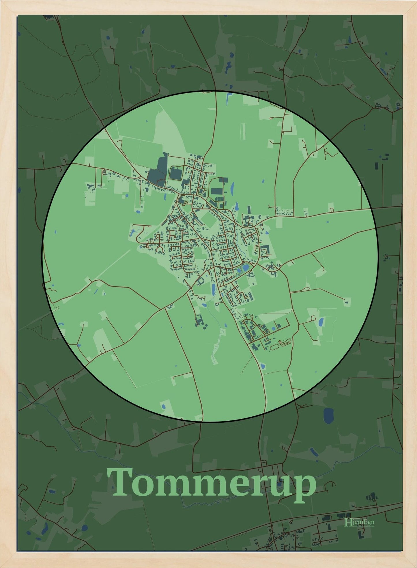 Tommerup plakat i farve pastel grøn og HjemEgn.dk design centrum. Design bykort for Tommerup