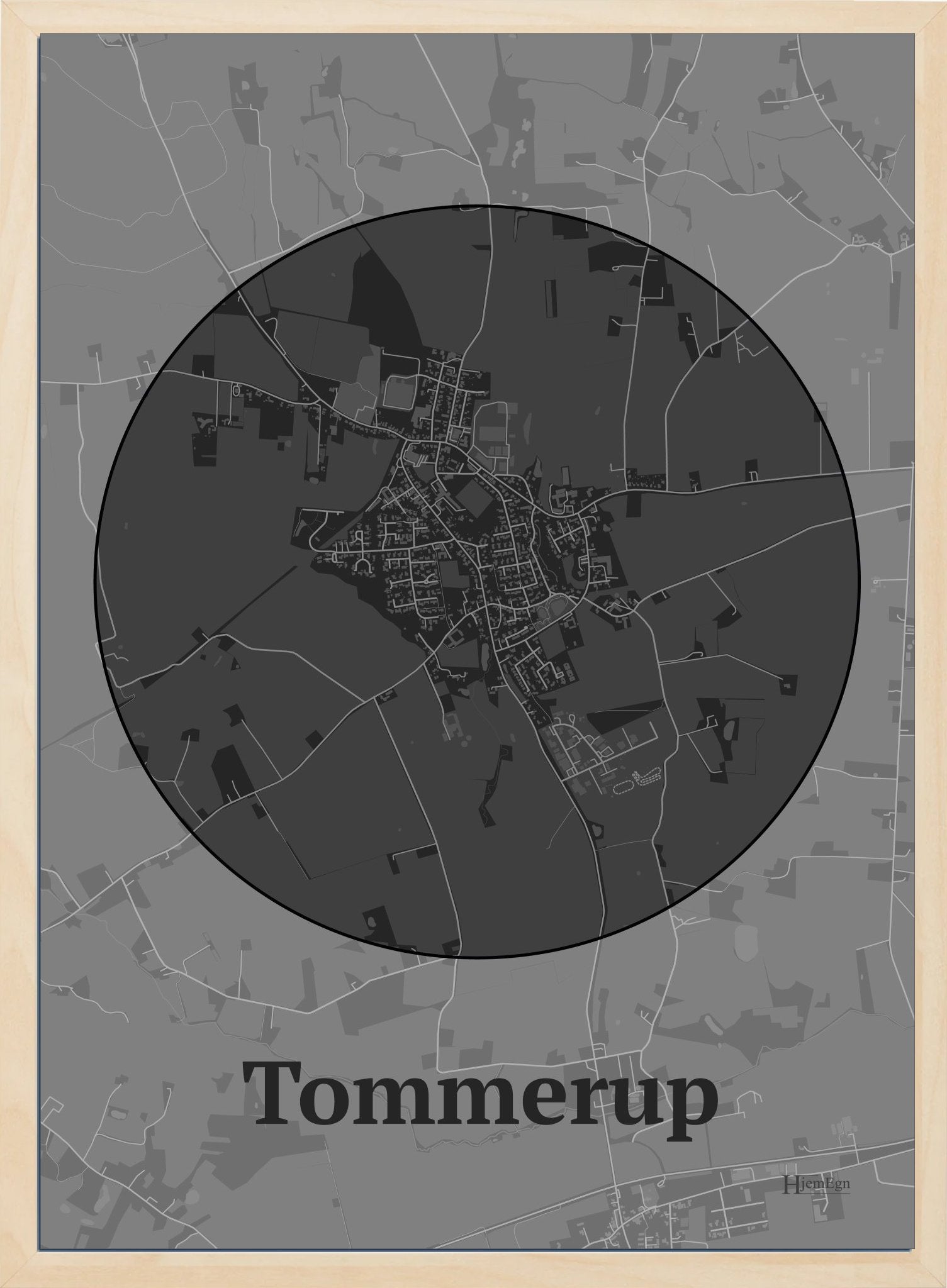 Tommerup plakat i farve mørk grå og HjemEgn.dk design centrum. Design bykort for Tommerup