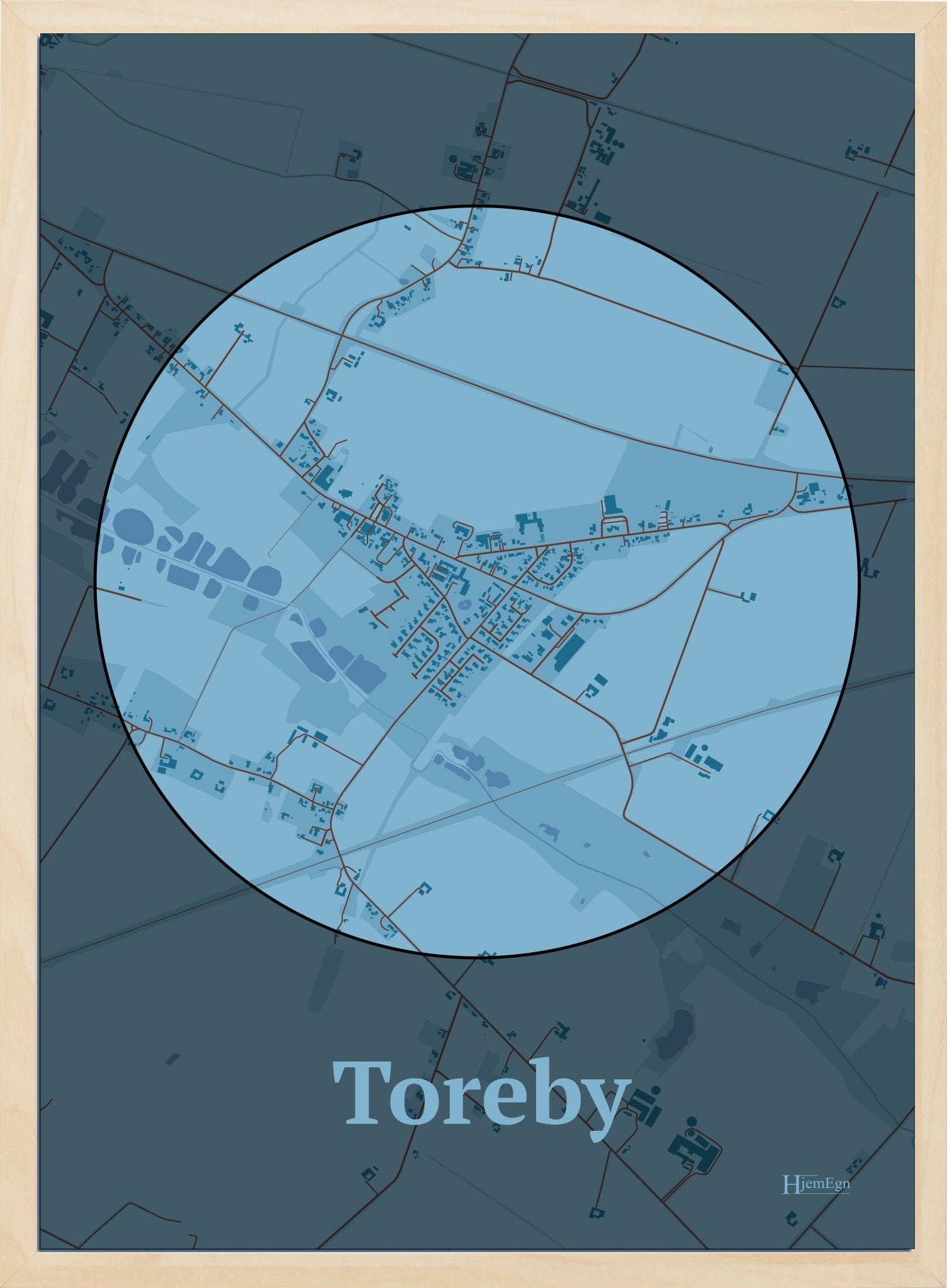 Toreby plakat i farve pastel blå og HjemEgn.dk design centrum. Design bykort for Toreby