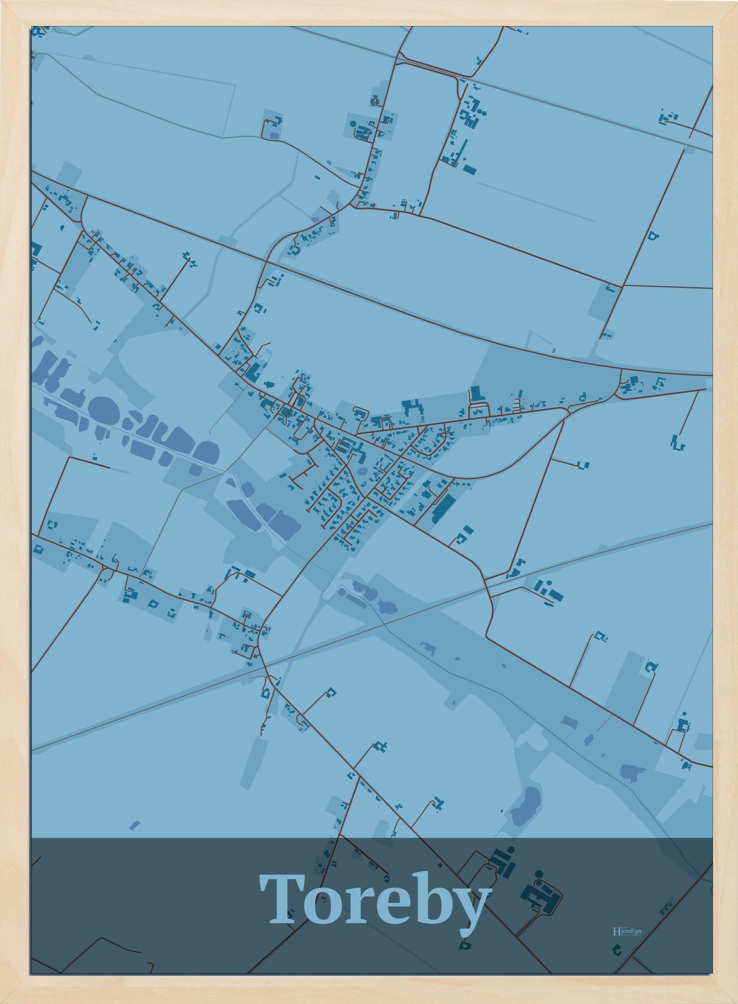 Toreby plakat i farve pastel blå og HjemEgn.dk design firkantet. Design bykort for Toreby