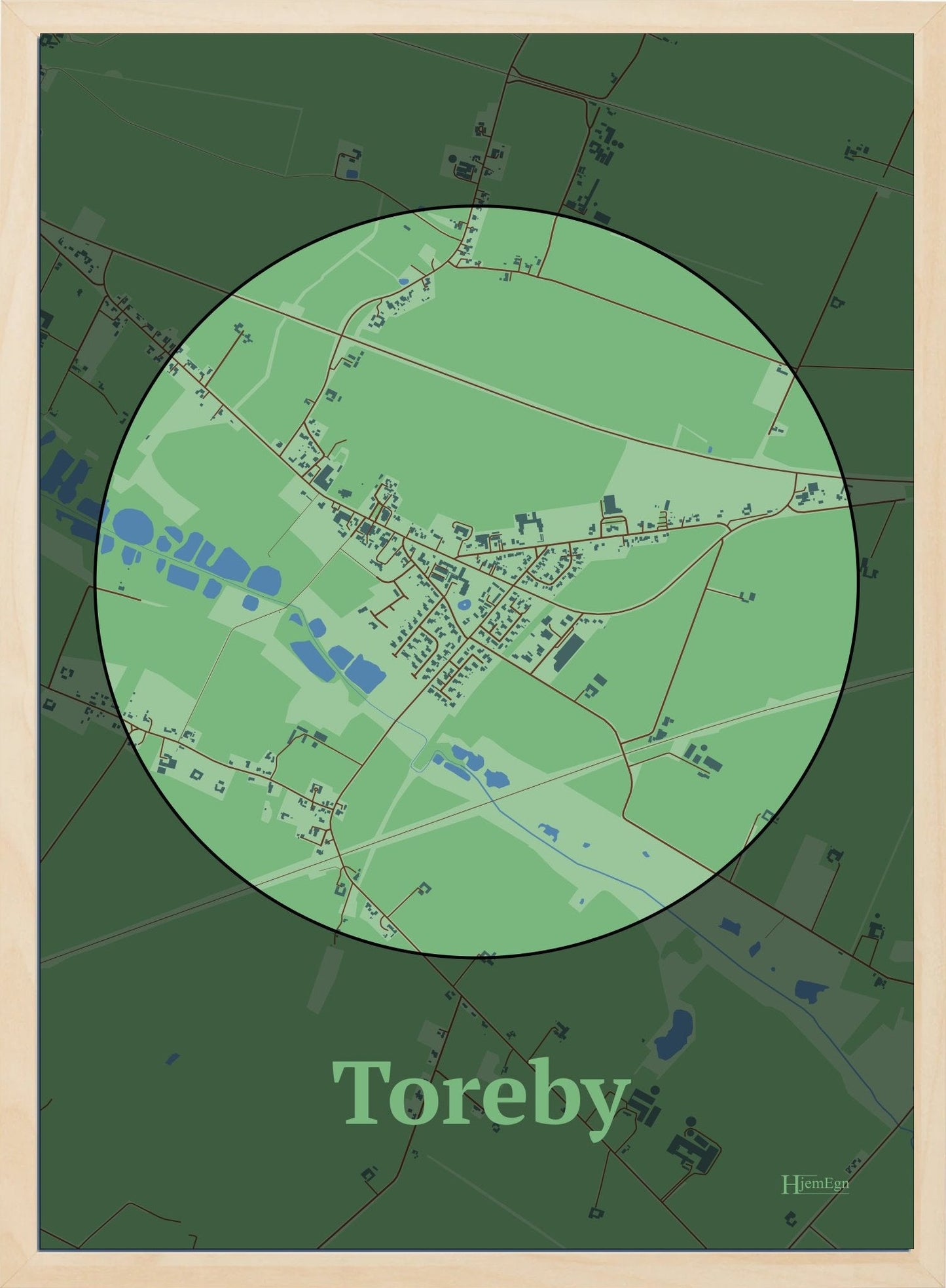 Toreby plakat i farve pastel grøn og HjemEgn.dk design centrum. Design bykort for Toreby