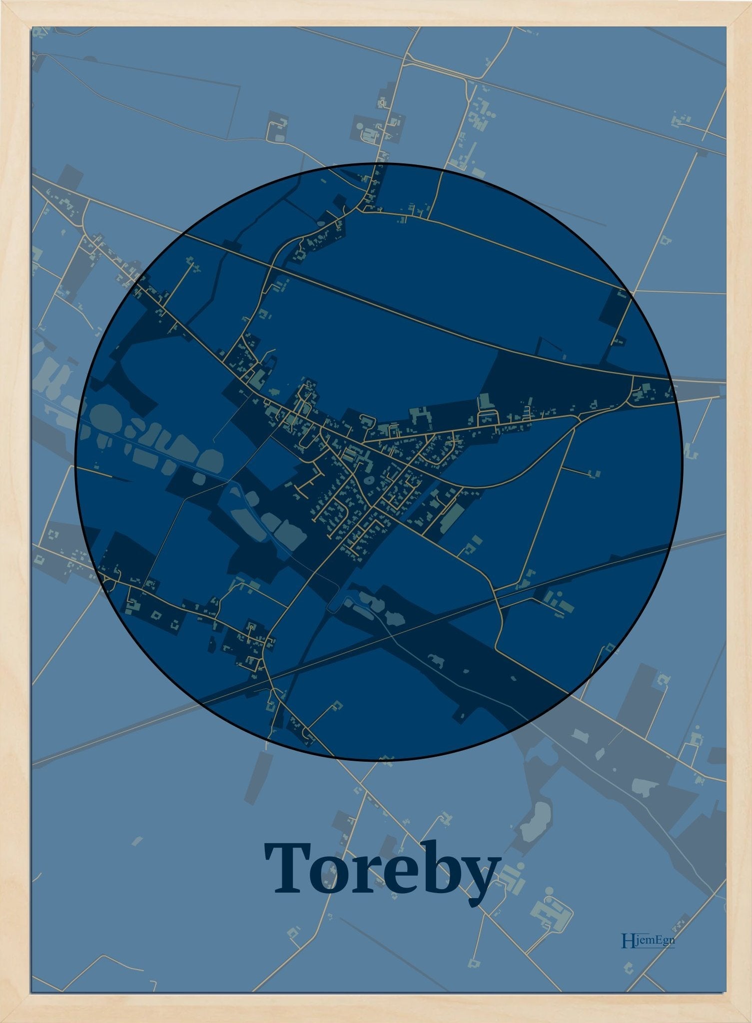 Toreby plakat i farve mørk blå og HjemEgn.dk design centrum. Design bykort for Toreby