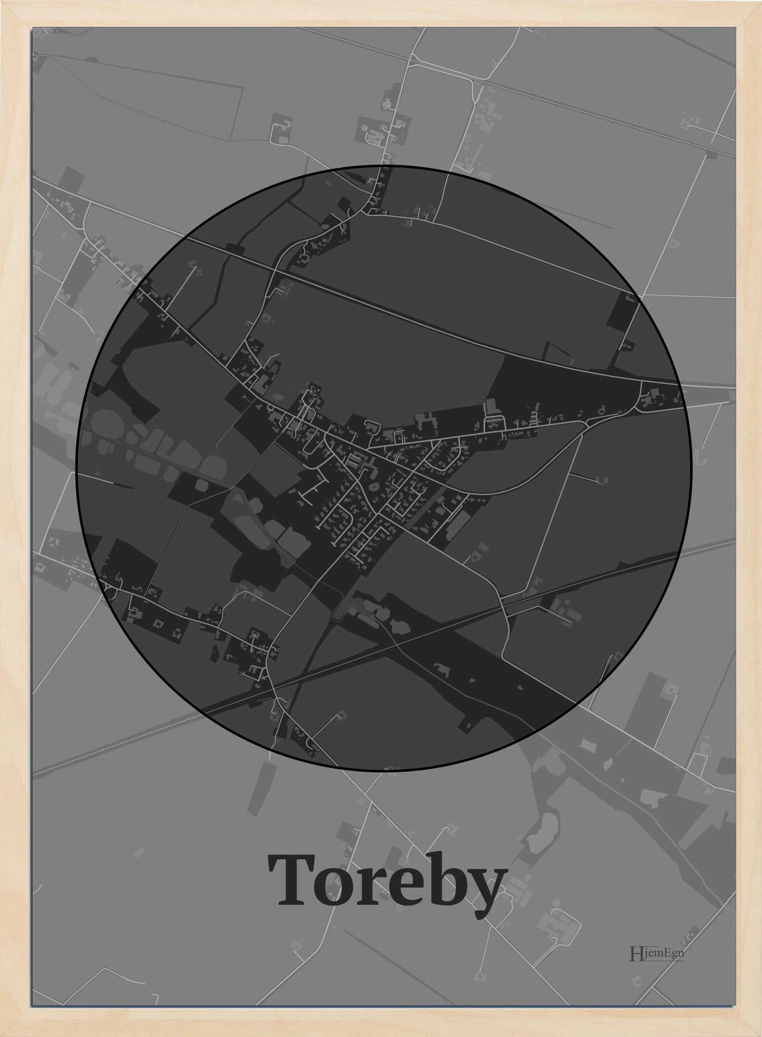 Toreby plakat i farve mørk grå og HjemEgn.dk design centrum. Design bykort for Toreby