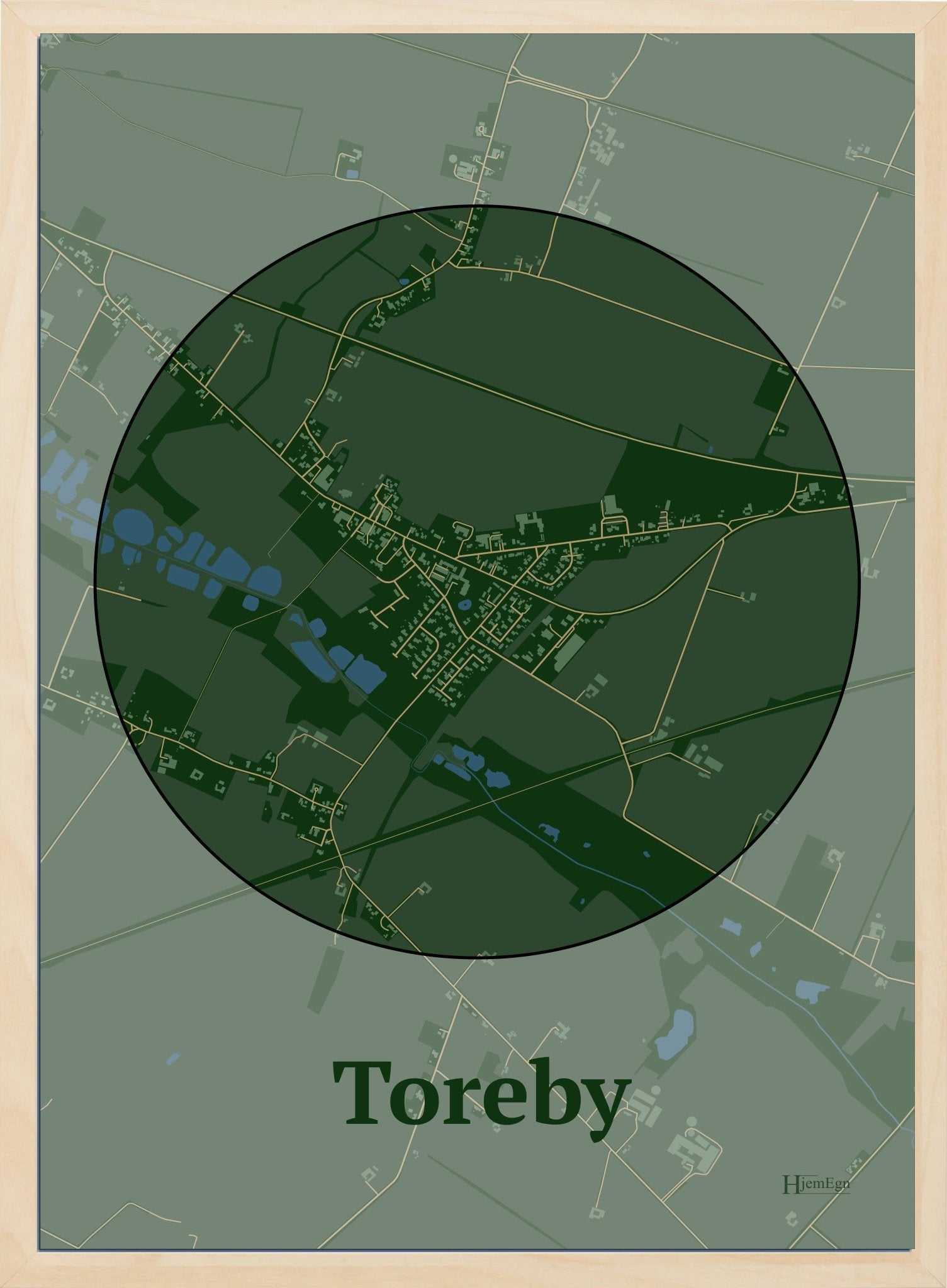 Toreby plakat i farve mørk grøn og HjemEgn.dk design centrum. Design bykort for Toreby