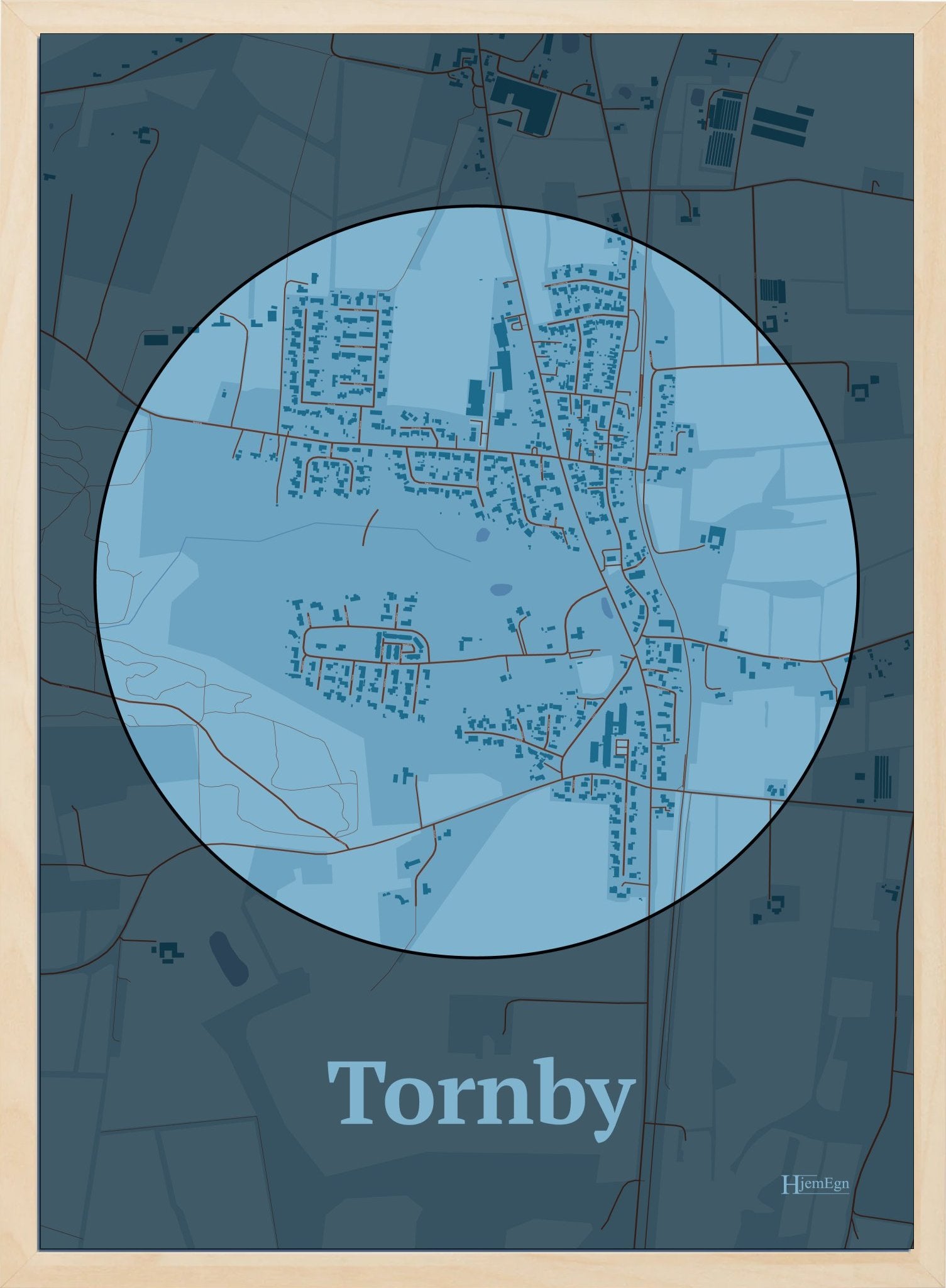 Tornby plakat i farve pastel blå og HjemEgn.dk design centrum. Design bykort for Tornby