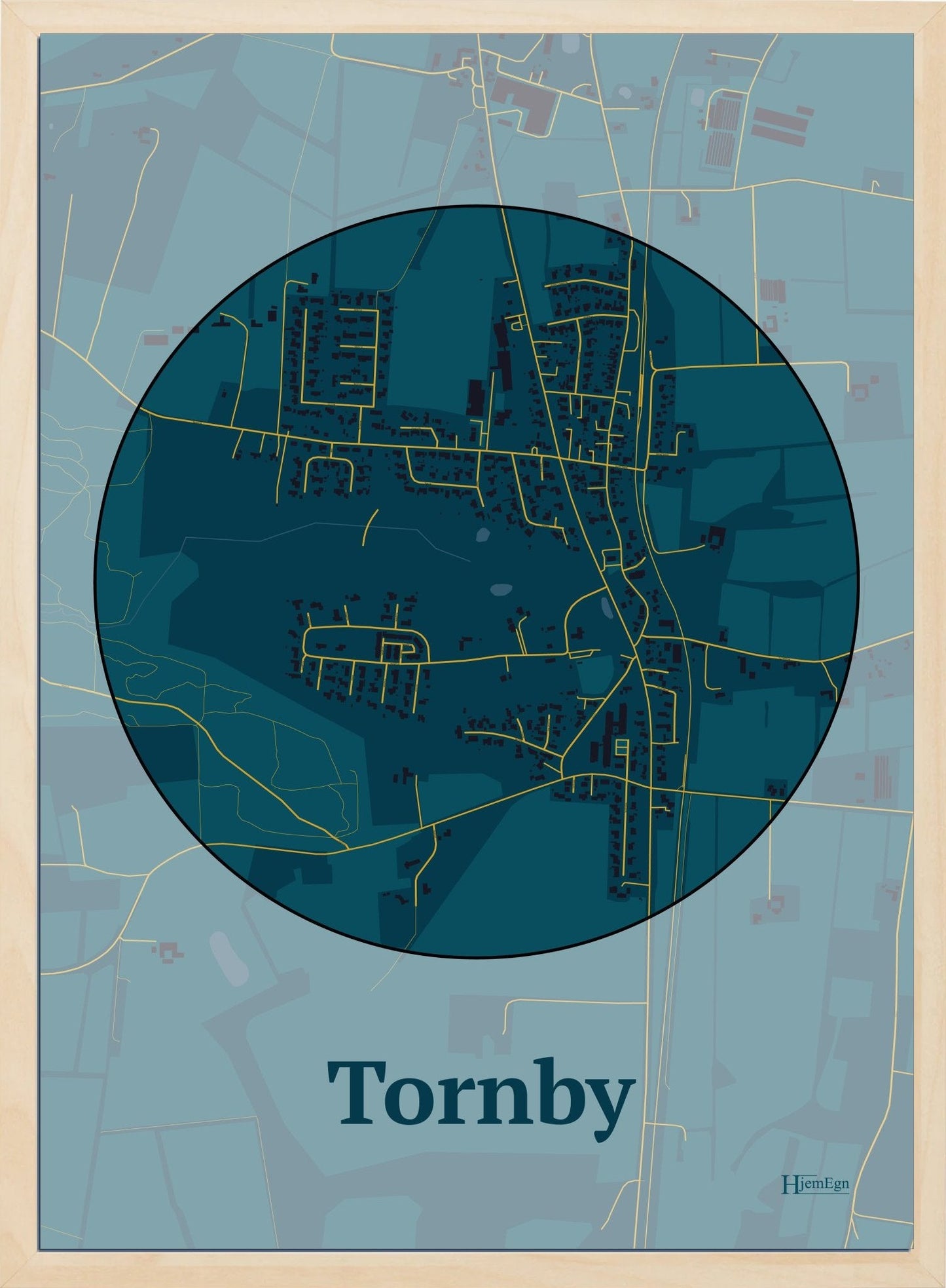 Tornby plakat i farve mørk blå og HjemEgn.dk design centrum. Design bykort for Tornby