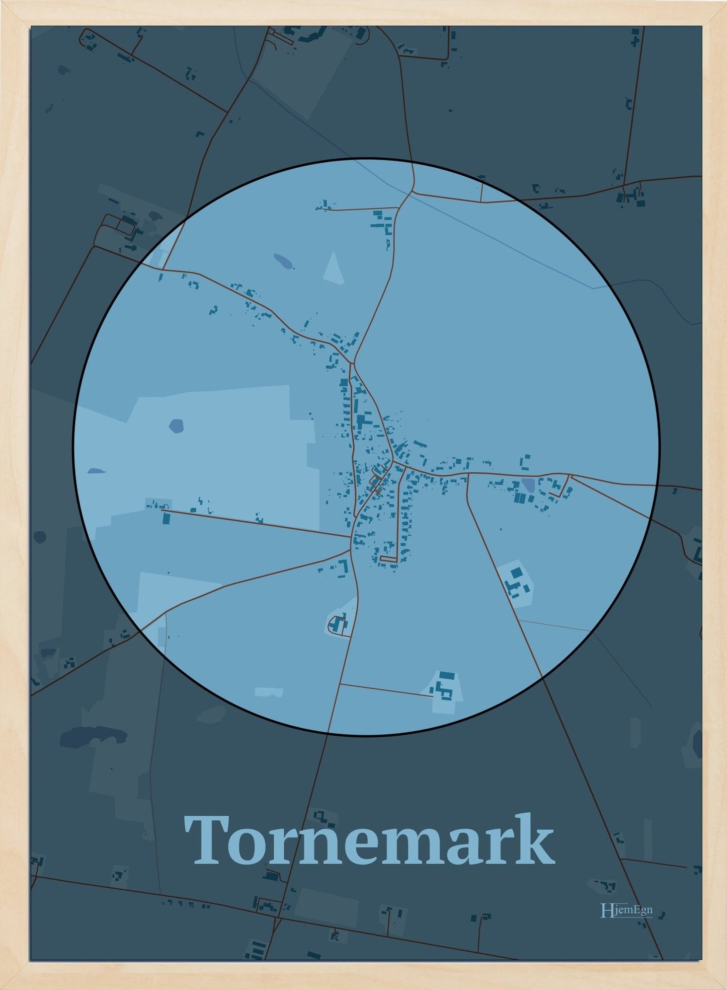 Tornemark plakat i farve pastel blå og HjemEgn.dk design centrum. Design bykort for Tornemark