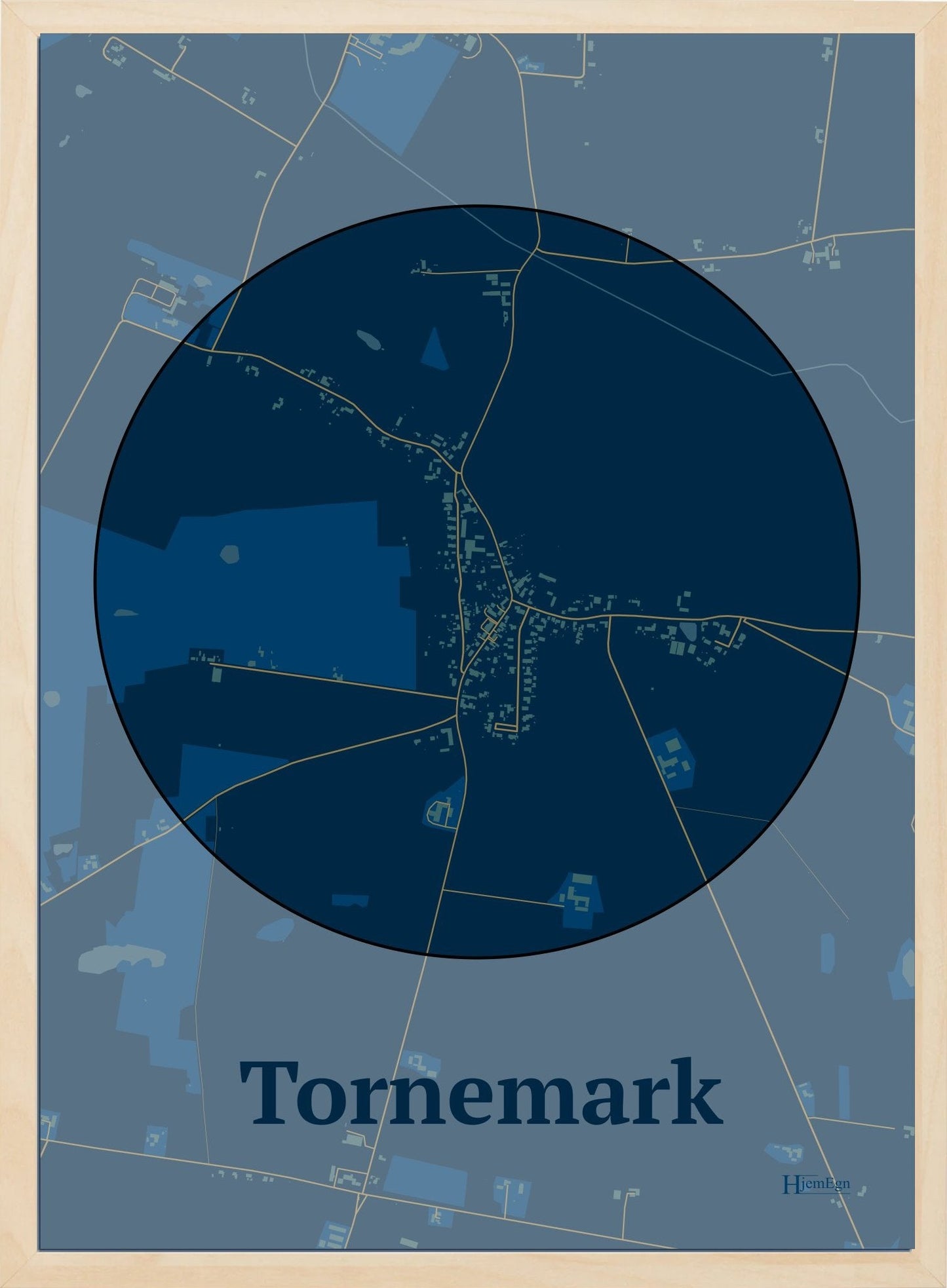 Tornemark plakat i farve mørk blå og HjemEgn.dk design centrum. Design bykort for Tornemark