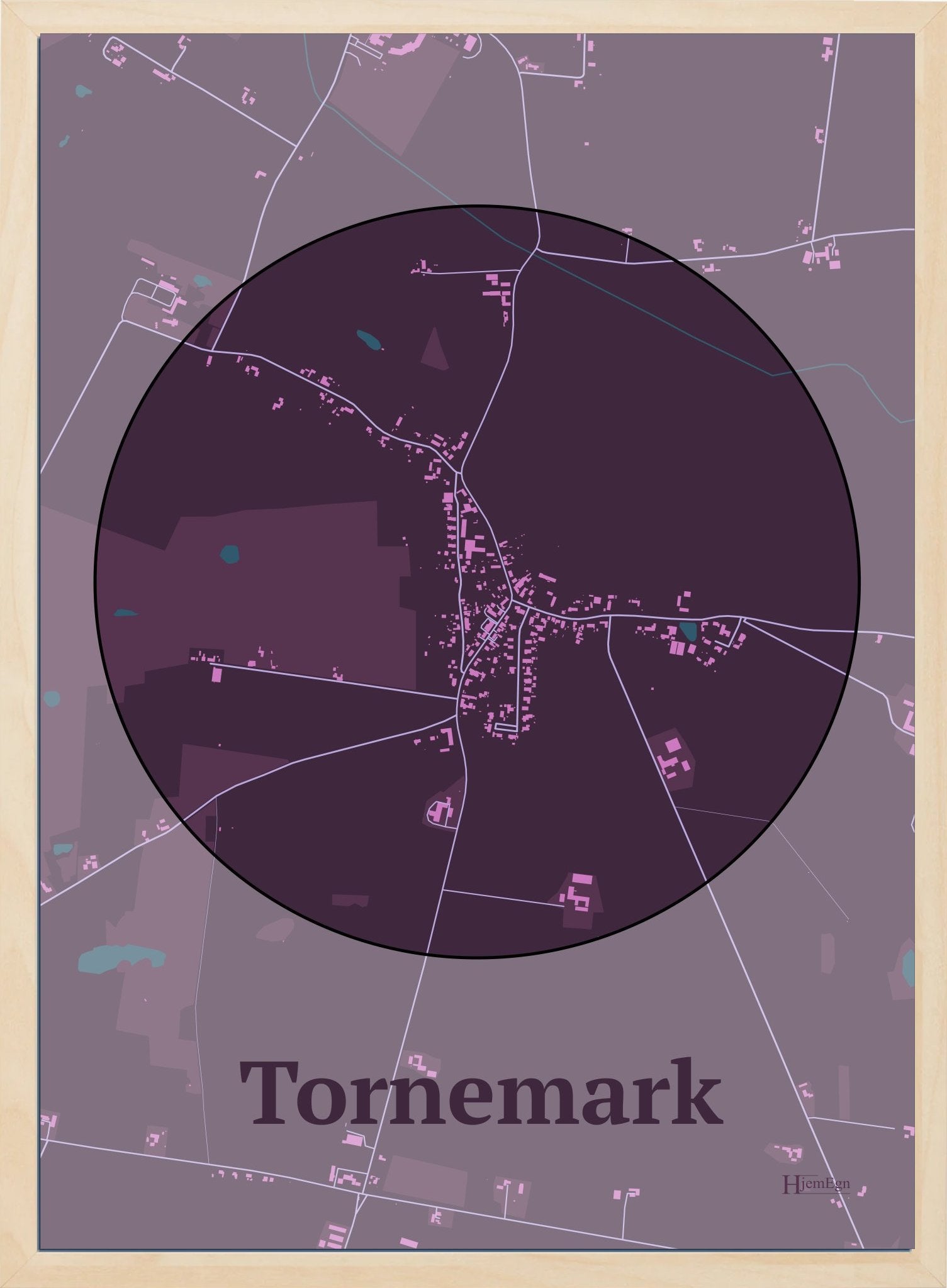 Tornemark plakat i farve mørk rød og HjemEgn.dk design centrum. Design bykort for Tornemark