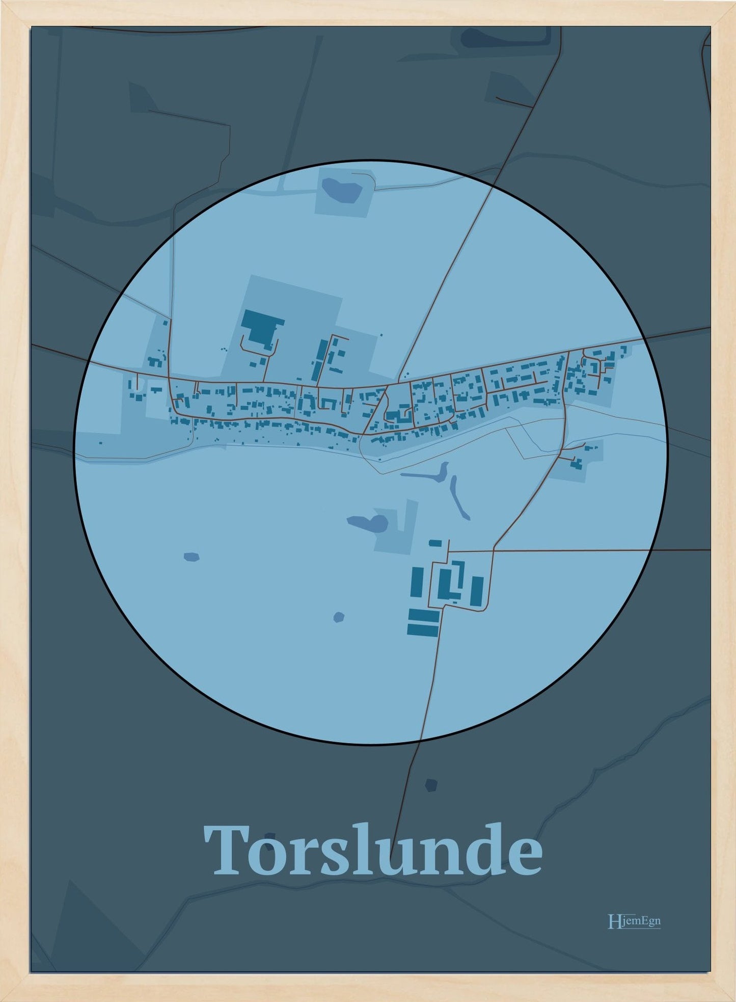 Torslunde plakat i farve pastel blå og HjemEgn.dk design centrum. Design bykort for Torslunde