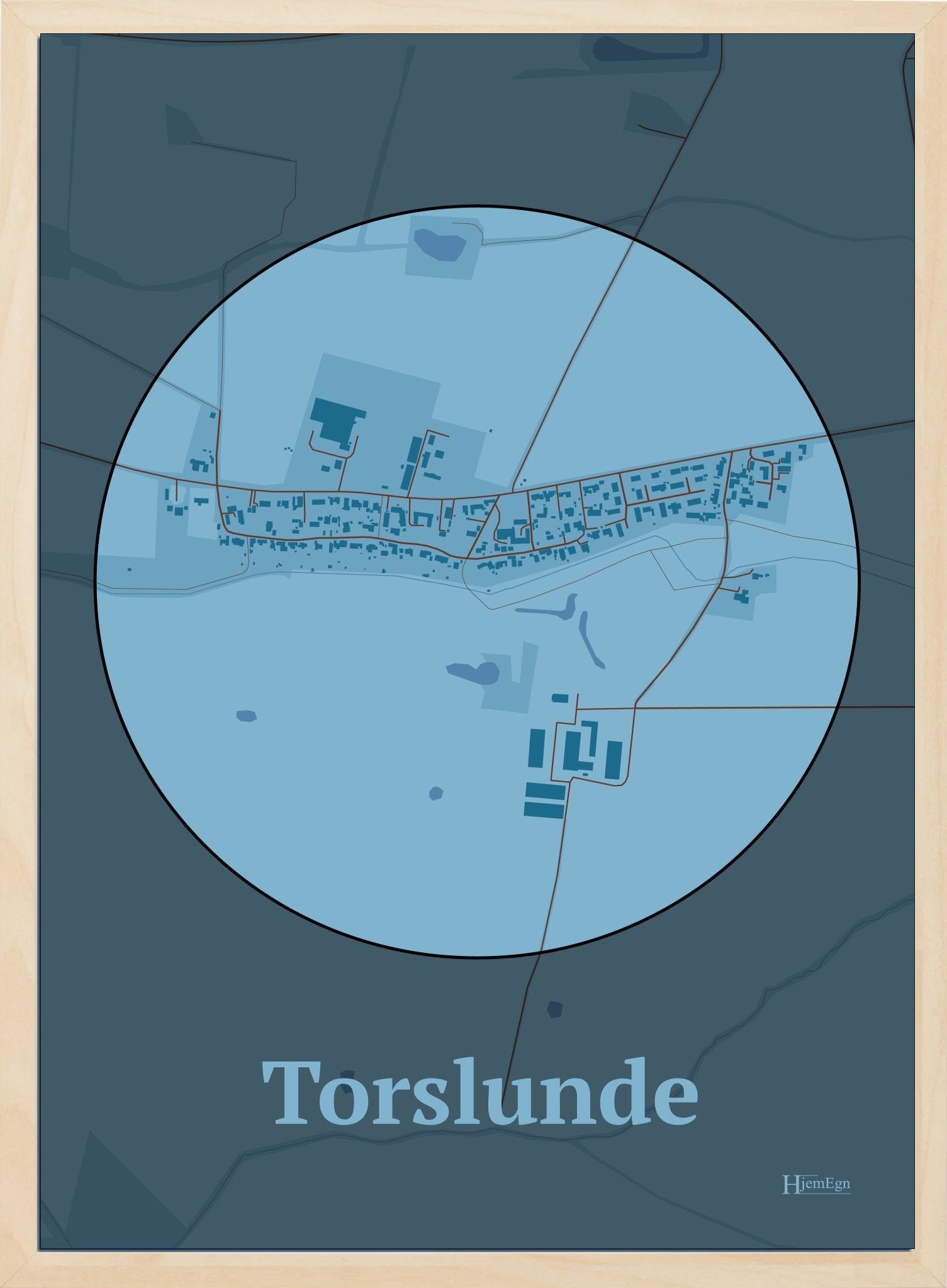 Torslunde plakat i farve pastel blå og HjemEgn.dk design centrum. Design bykort for Torslunde