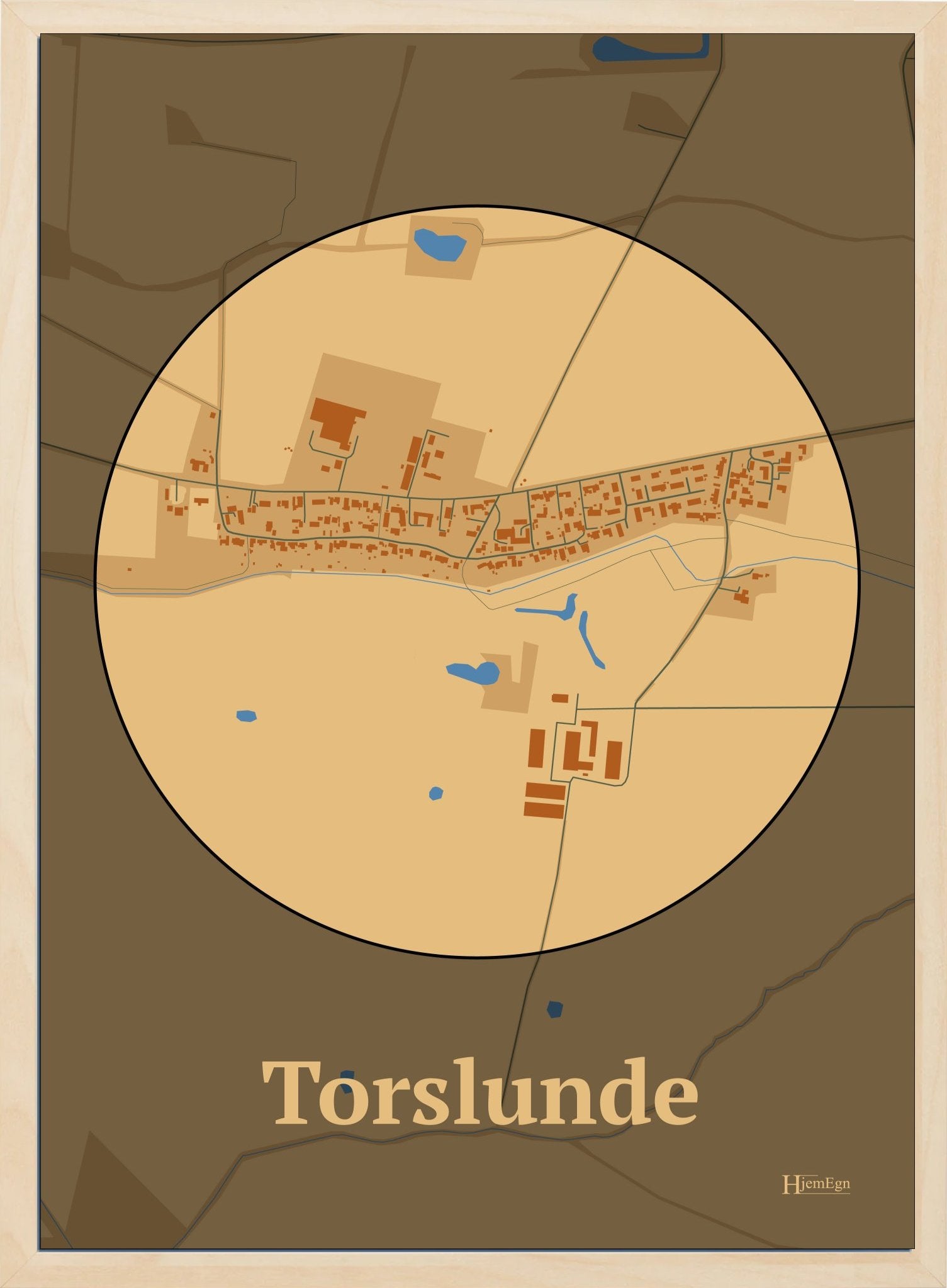 Torslunde plakat i farve pastel brun og HjemEgn.dk design centrum. Design bykort for Torslunde