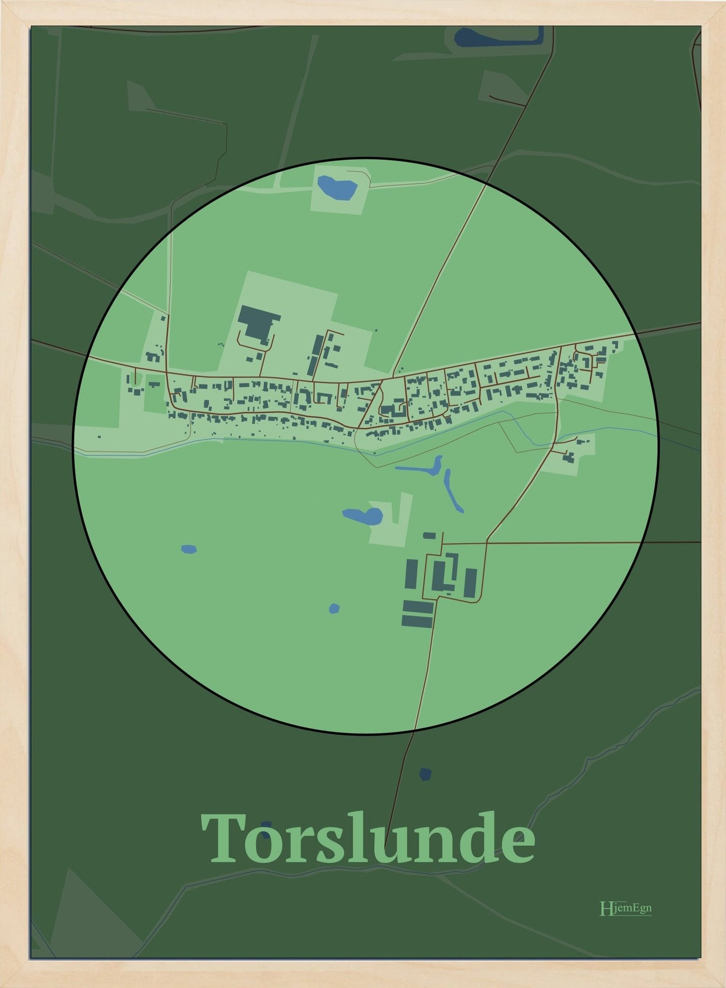 Torslunde plakat i farve pastel grøn og HjemEgn.dk design centrum. Design bykort for Torslunde