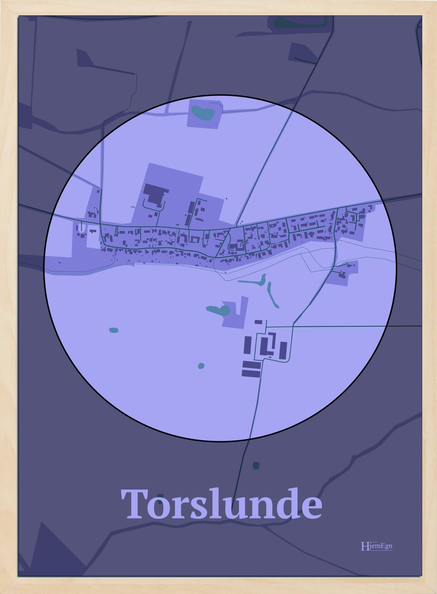 Torslunde plakat i farve pastel lilla og HjemEgn.dk design centrum. Design bykort for Torslunde