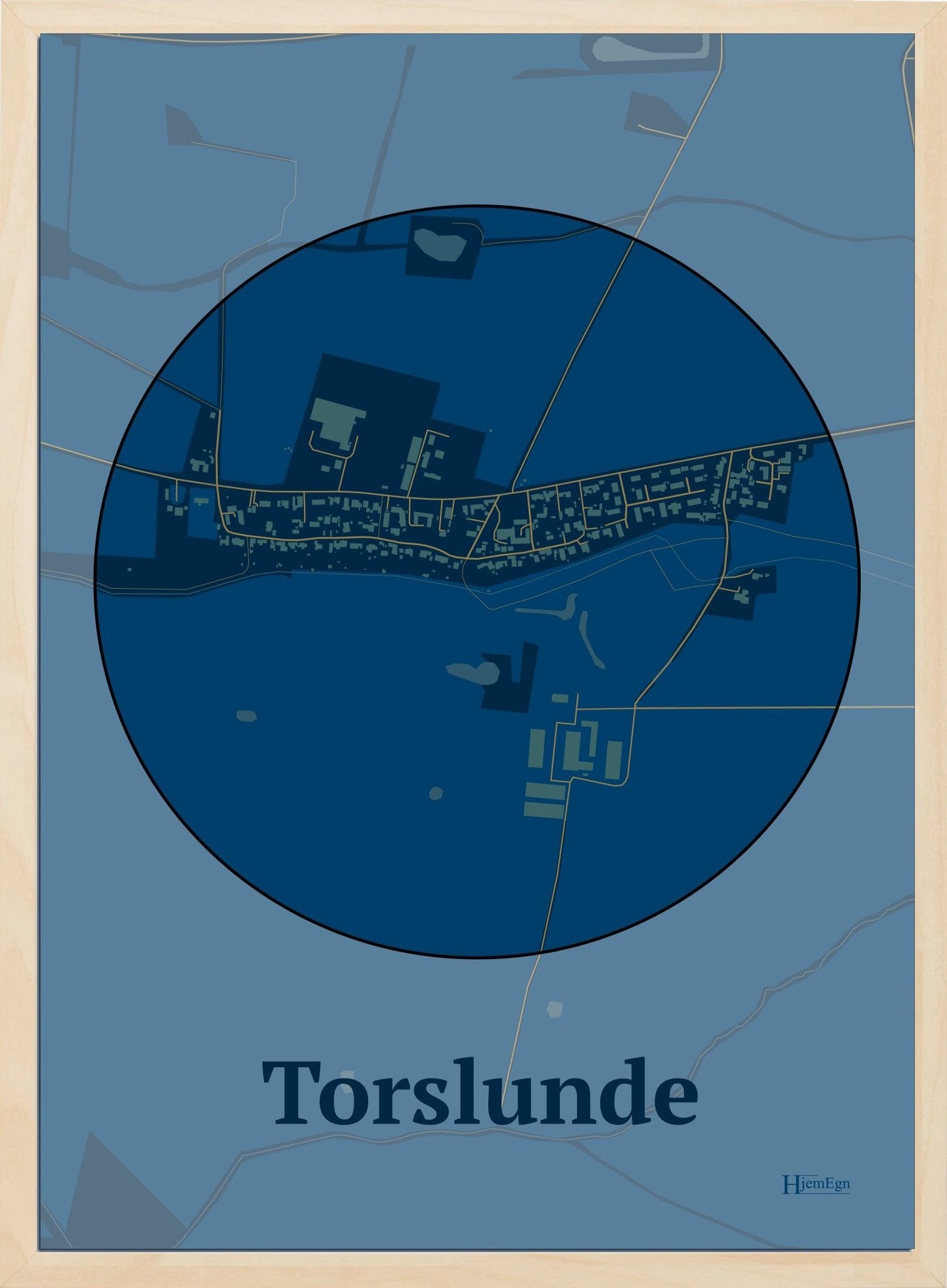 Torslunde plakat i farve mørk blå og HjemEgn.dk design centrum. Design bykort for Torslunde