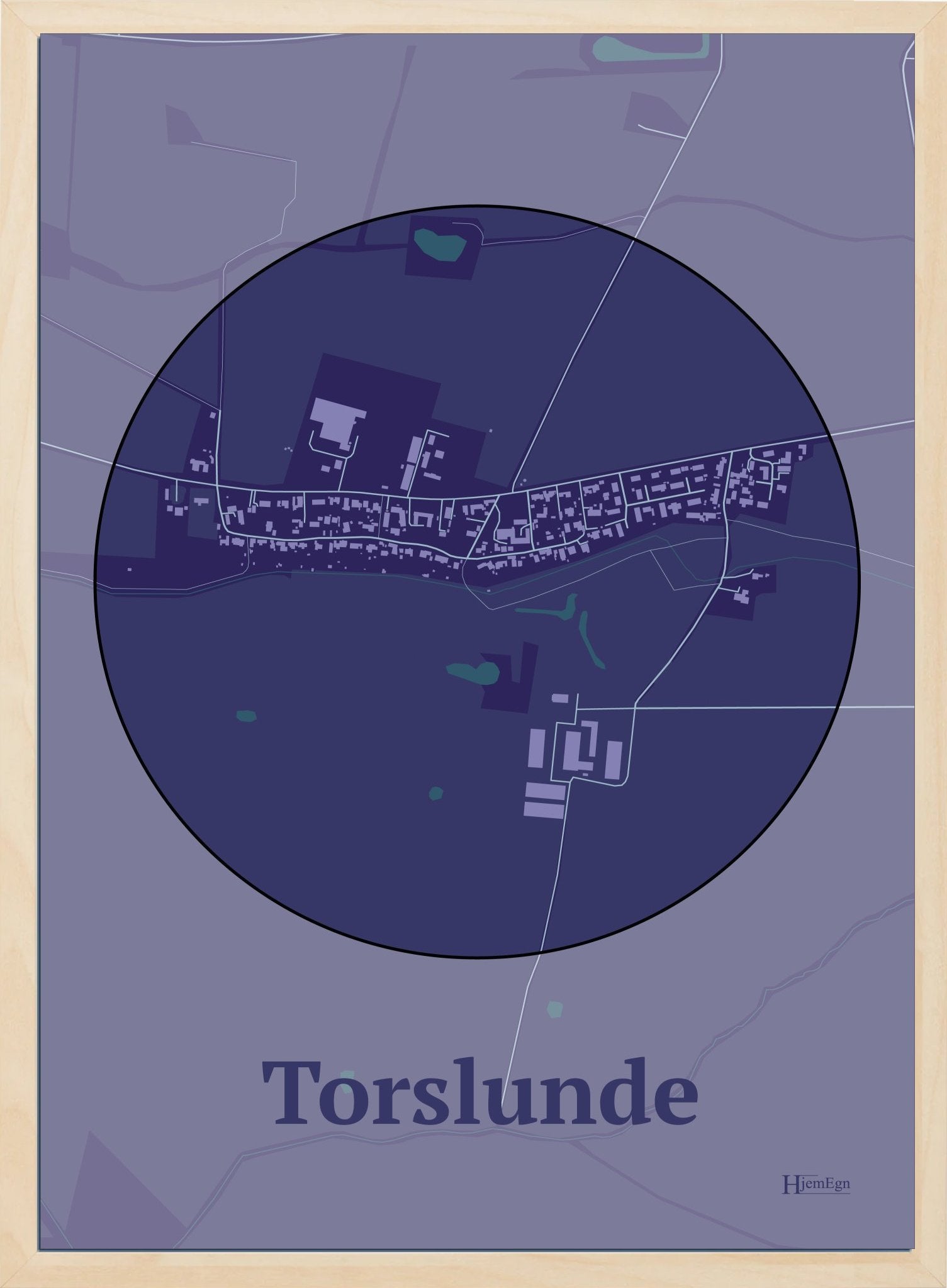 Torslunde plakat i farve mørk lilla og HjemEgn.dk design centrum. Design bykort for Torslunde