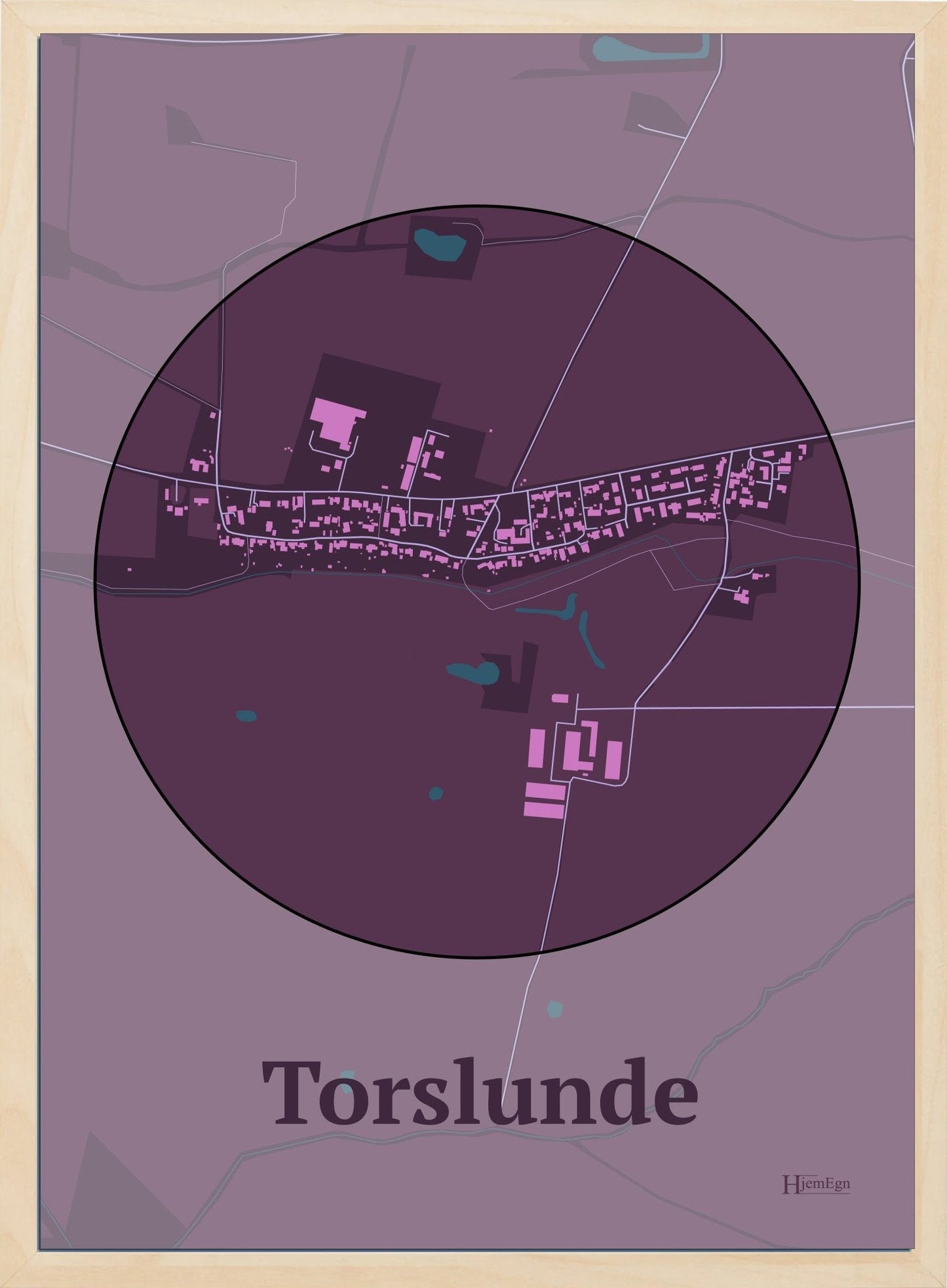 Torslunde plakat i farve mørk rød og HjemEgn.dk design centrum. Design bykort for Torslunde