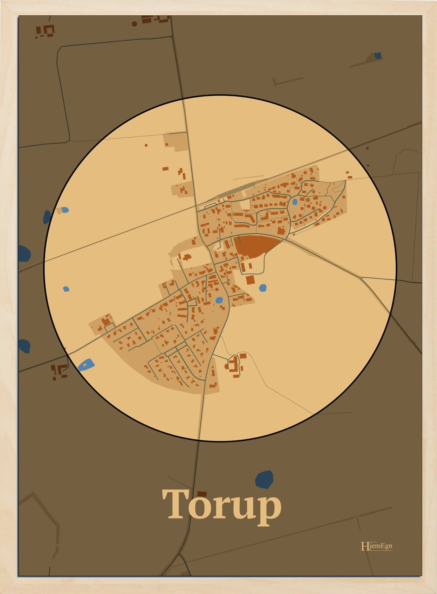 Torup plakat i farve pastel brun og HjemEgn.dk design centrum. Design bykort for Torup